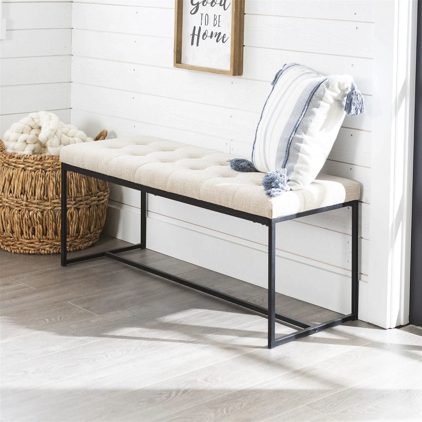 Woodstock Tan Fabric Relax Bench Seat with Black Metal Frame - Perfect for Living Room, Bedroom, or Outdoor Patio Furniture