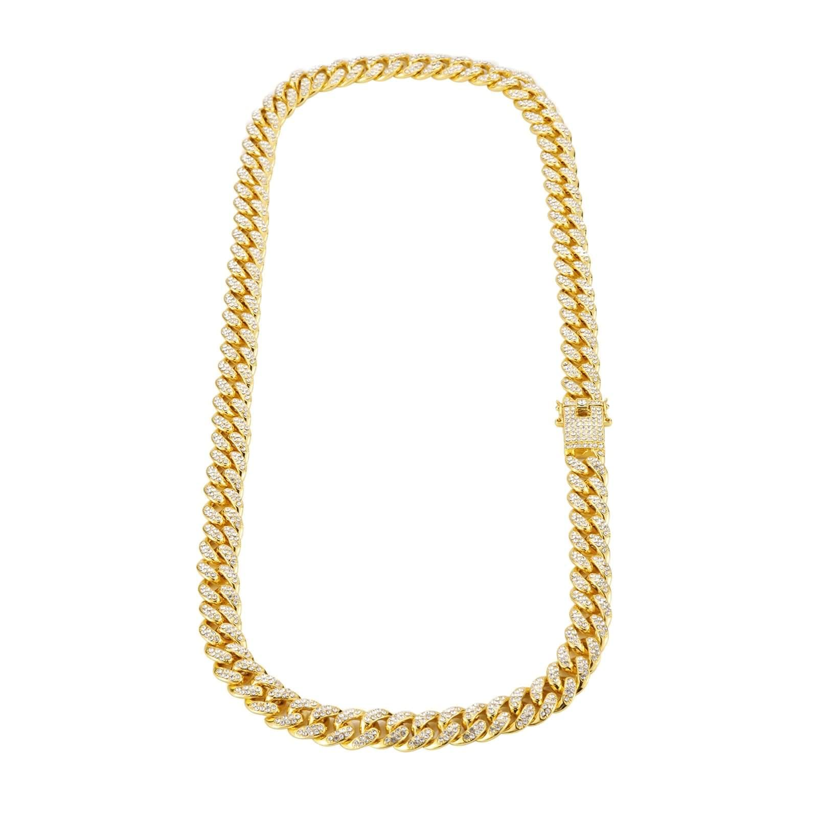 12mm Men's Gold Alloy Curb Chain Necklace 24 Inch with White Cubic Zirconia - Stylish Jewelry for Casual Wear, Date Night & Special Occasions