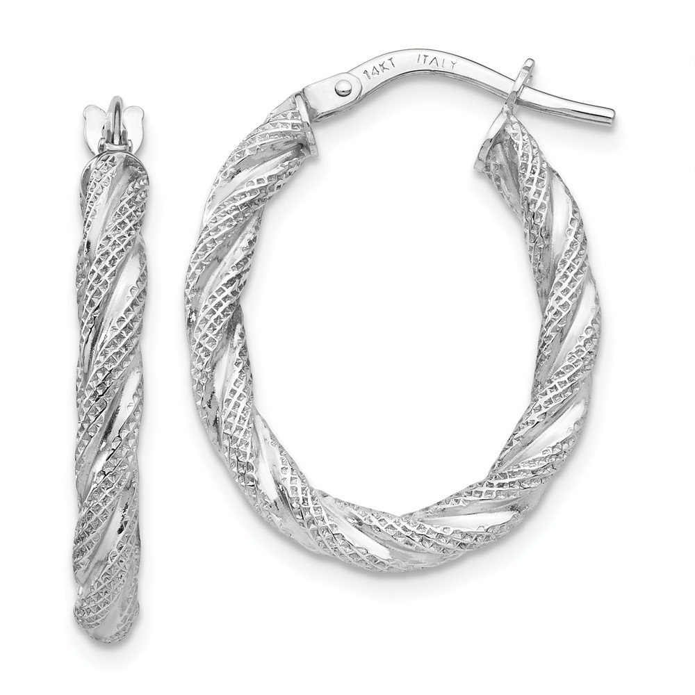 14K White Gold Twisted Texture Oval Hoop Earrings for Women - Elegant Dainty Everyday Jewelry for Work, Date Night & Special Occasions
