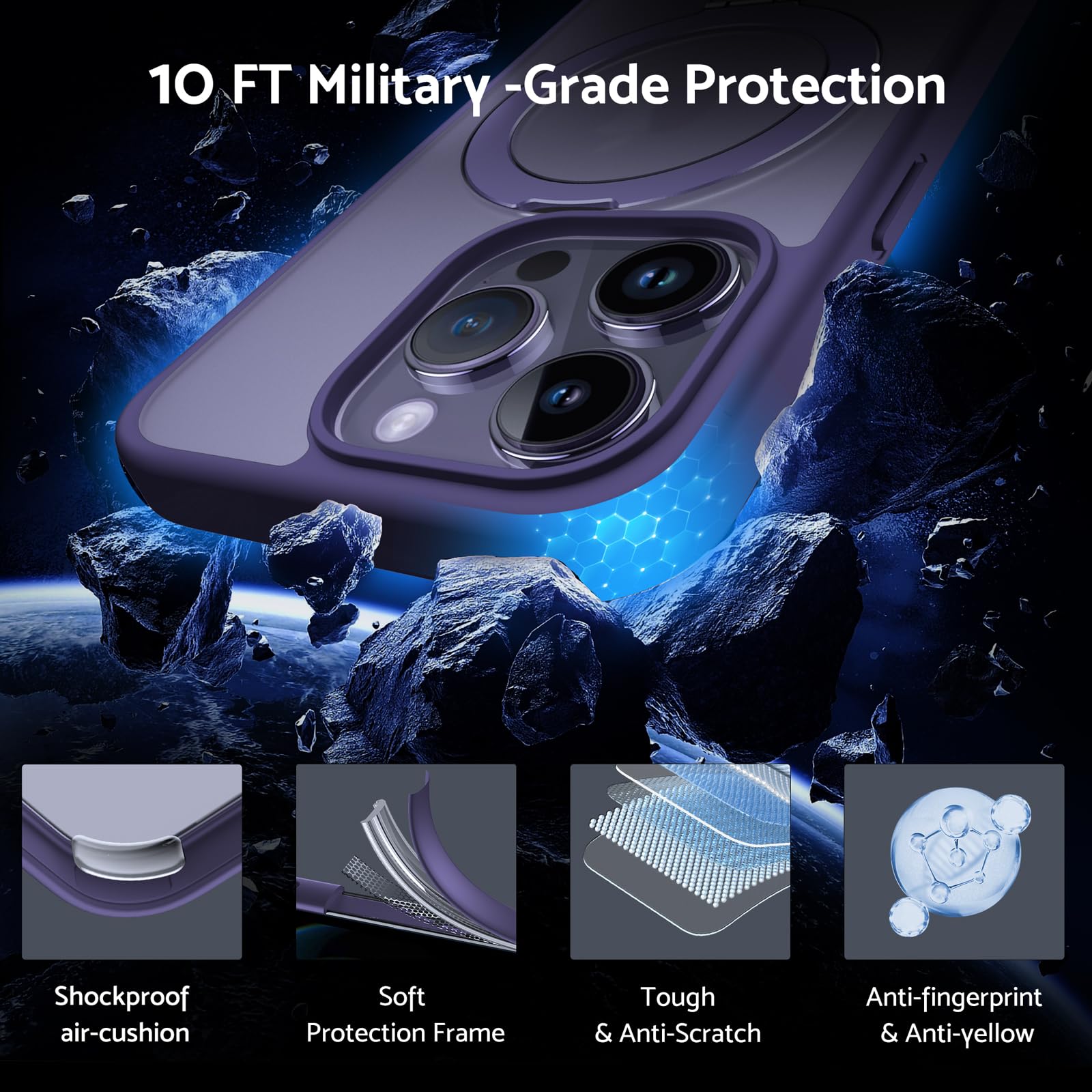 DASFOND Mag-Stand iPhone 15 Pro Case - 2023 Upgraded All-in-1 Magsafe Compatible with Invisible Ring Kickstand, Matte Transparent Protective Cover (Purple) - Perfect for Work, Travel & Everyday Use