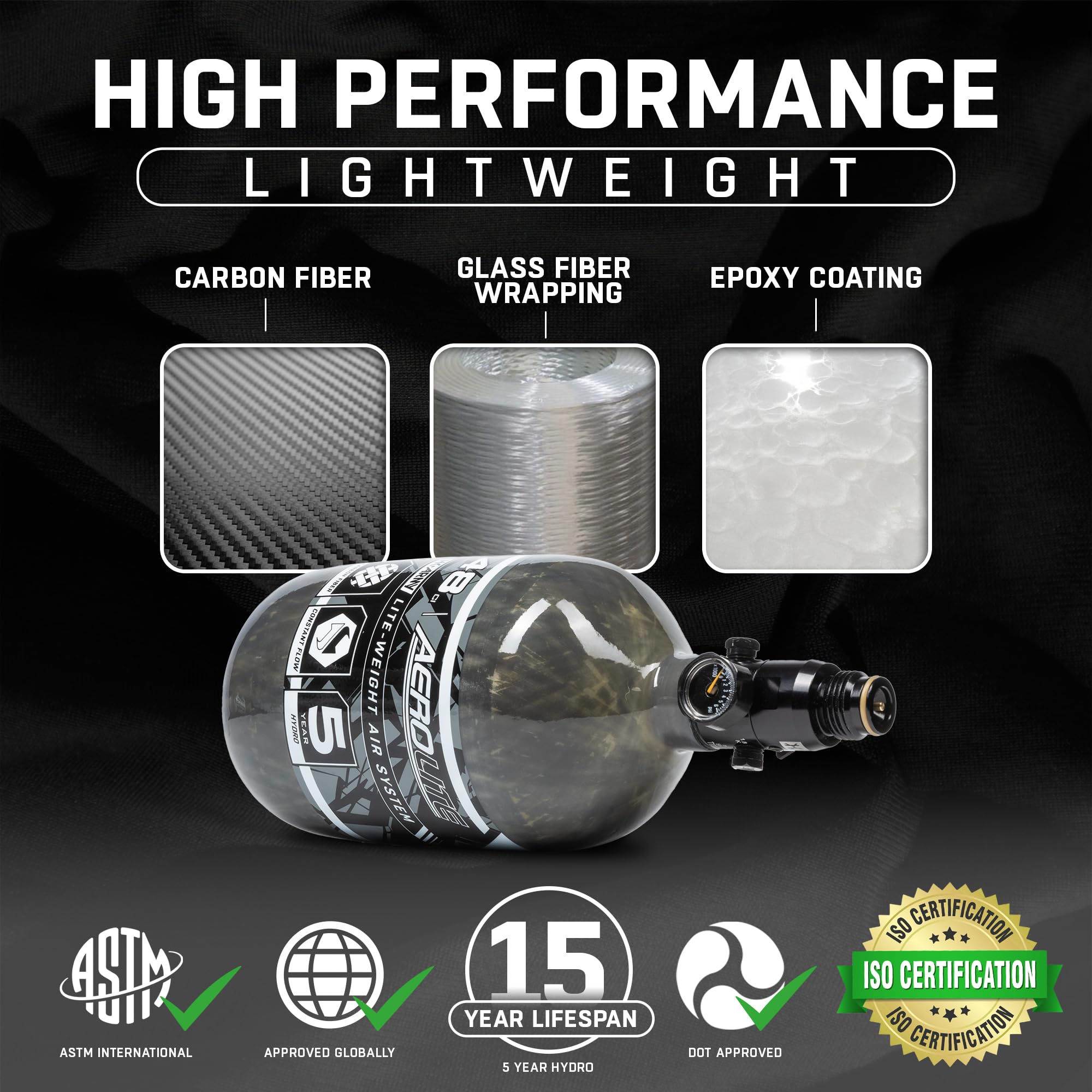 HK Army Aerolite Carbon Fiber HPA Paintball Tank Air System - 48ci 4500psi - Lightweight & Durable for Tournament & Outdoor Paintball Games