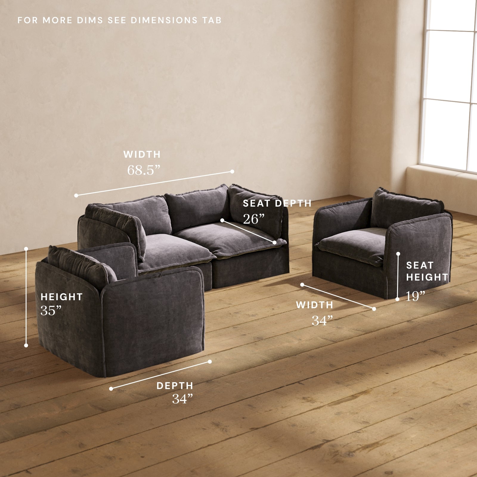 Premium Modular 2-Seater Sofa & Armchair Set in Cinder Gray - Luxury Blend Fabric for Living Room, Lounge & Home Theater Comfort