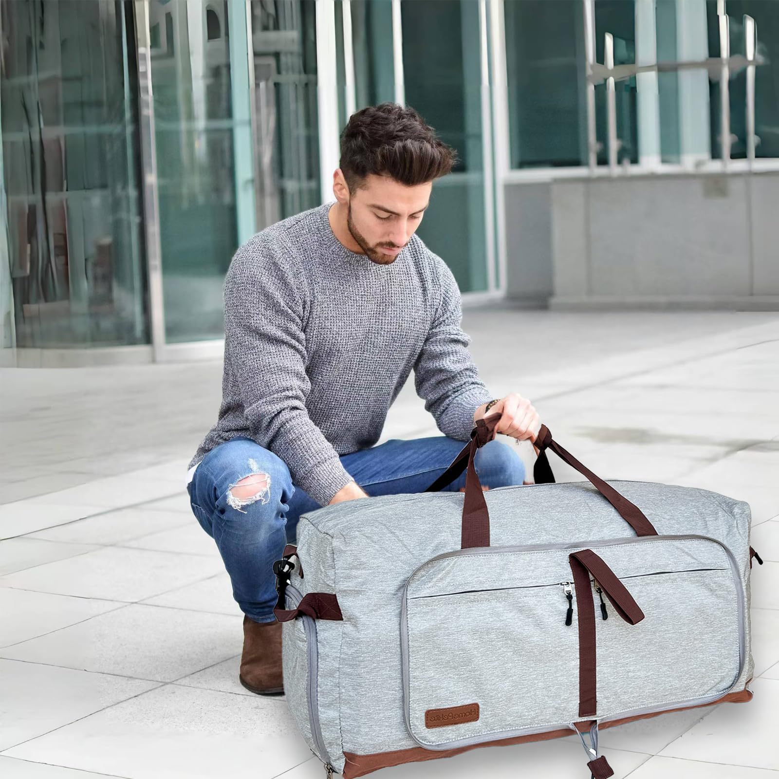 120L Large Foldable Waterproof Duffle Bag for Travel, Gym, Camping & Beach - Collapsible Packable Duffel Bag with Shoe Compartment for Men & Women (Grey) - Perfect for Sports, Swimming Pool & Outdoor Adventures