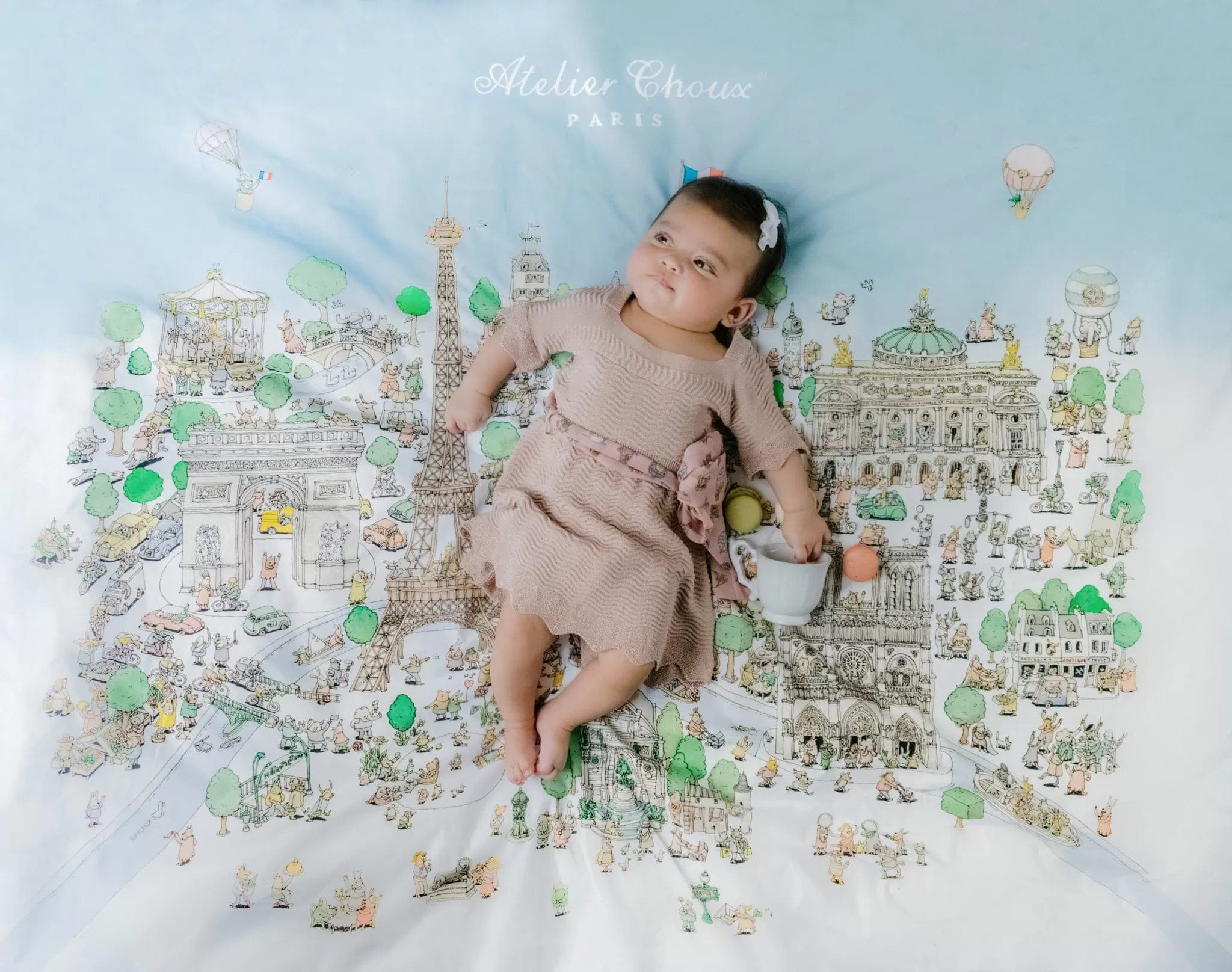 Atelier Choux Reversible Baby Quilt - Paris Carousel Design, Multicolor, 130cm - Soft & Stylish Nursery Blanket for Cribs, Strollers & Photo Shoots