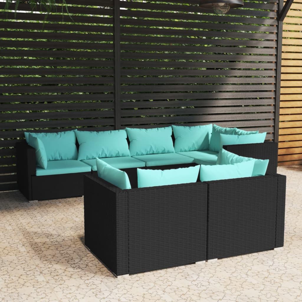 vidaXL 7-Piece Patio Lounge Set with Cushions - Black Poly Rattan Outdoor Furniture for Garden, Backyard, Poolside & Balcony - Durable Weather-Resistant Wicker Sofa Set for Relaxing & Entertaining