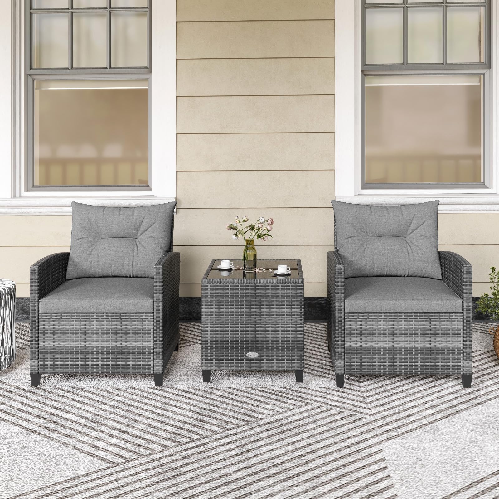 KOTEK 3-Piece Outdoor Patio Furniture Set - PE Rattan Wicker Chairs & Glass Top Table with Washable Cushions - Grey Conversation Set for Porch, Garden, Balcony, Deck & Backyard - Perfect for Relaxing, Entertaining & Outdoor Dining