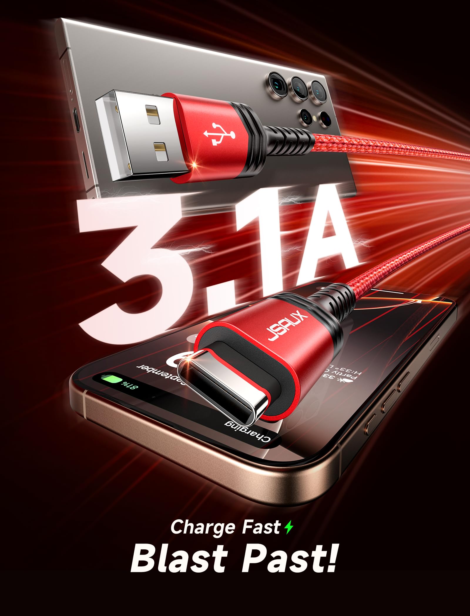 JSAUX USB C to USB A Cable 2-Pack 10ft Fast Charging Cord 3.1A - Compatible with iPhone 16/16 Plus/16 Pro/16 Pro Max/15 Series, Samsung Galaxy S20/S10/S9, Note 20/10 - for Car Play, Home & Office Charging (Red)
