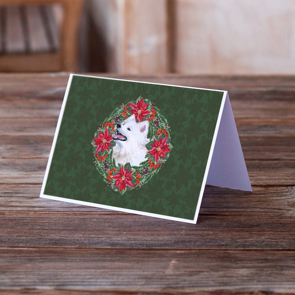 Samoyed Poinsettia Wreath Greeting Cards - Pack of 8 Blank A7 Note Cards (5x7 inches) with Envelopes - Whimsical Holiday Dog Christmas Cards for Pet Lovers, Seasonal Greetings & Festive Correspondence