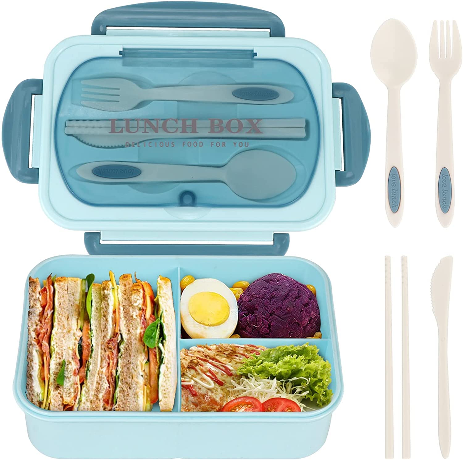 WILDAURORA 1200ML Bento Box for Adults - Leak Proof 3 Compartment Lunch Container with Utensils, BPA Free & Microwave Safe - Perfect for Office, School, Picnics & Meal Prep