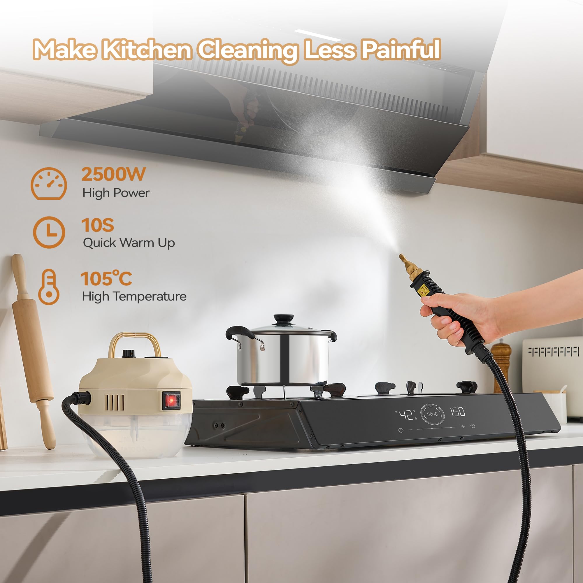2500W High Pressure Handheld Steam Cleaner for Home & Car - Fast Heating in 10 Seconds with 3 Brush Heads - Perfect for Kitchen, Bathroom, Upholstery & Auto Detailing | Multi-Surface Deep Cleaning Solution for Floors, Tiles, Grout & More
