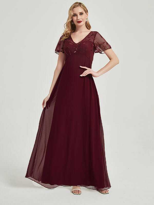 Burgundy Leaf Sequined V-Neck Ruffle Sleeves Chiffon Evening Dress for Women - Elegant Party Gown for Prom, Wedding, Cocktail & Formal Events
