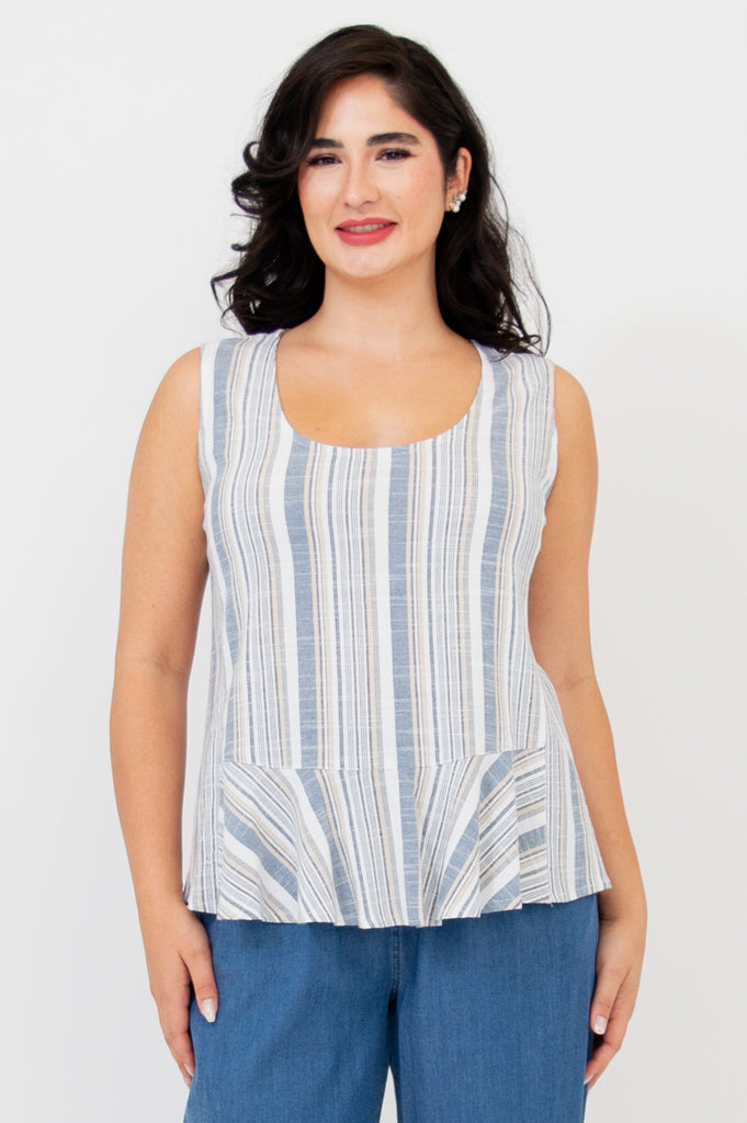 Ginny Tank Top - Sand Stripe Linen Bamboo Blend - Women's Casual Summer Tops for Beach, Vacation & Everyday Wear