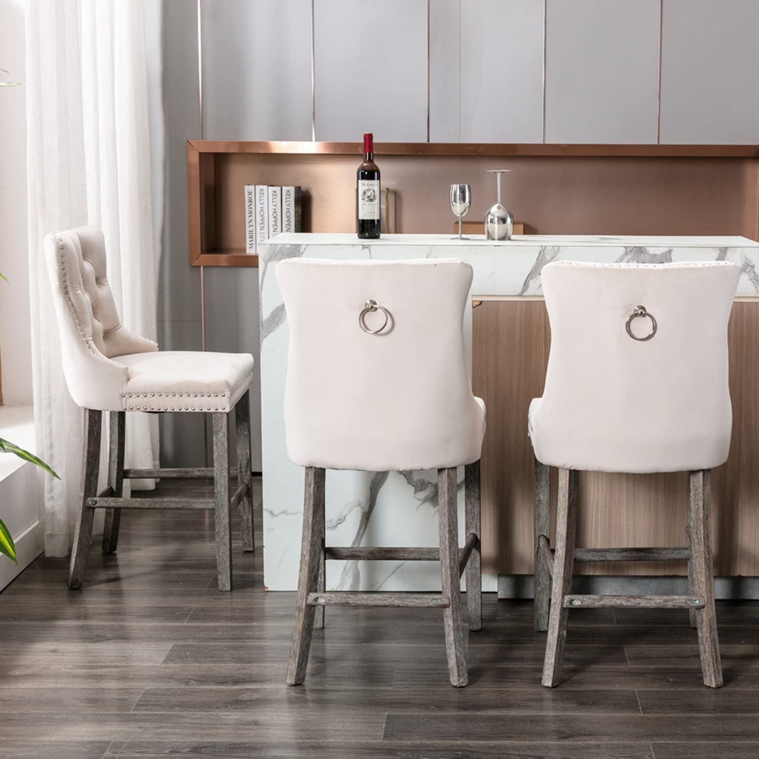 4 Velvet Bar Stools with Studs Trim & Wooden Legs - Tufted Dining Chairs for Kitchen Counter, Breakfast Nook & Home Bar - Comfortable Seating for Entertaining