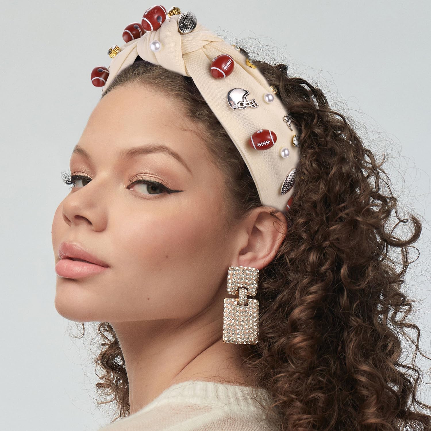 **Women's Rhinestone Football Headband - Pearl & Crystal Jeweled Knotted Hair Accessory for Game Day, Sports Events & Gifts**    *Use Cases: Perfect for football games, tailgate parties, sports events, or as a stylish gift for female fans.*