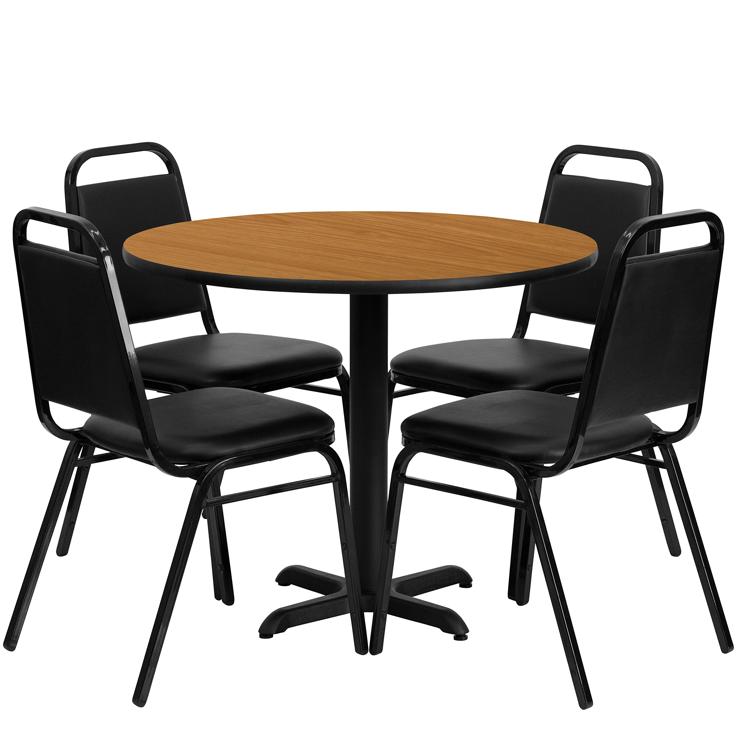 Flash Furniture Carlton 36-Inch Round Natural Laminate Dining Table with X-Base & 4 Black Trapezoidal Back Banquet Chairs - Perfect for Kitchen, Dining Room, Restaurant, and Banquet Hall Settings