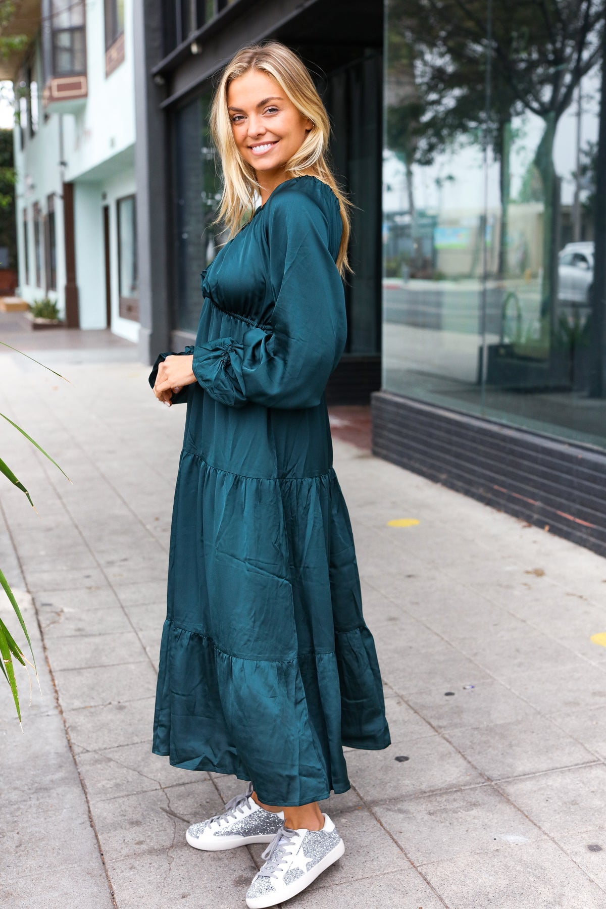Elegant Hunter Green Elastic V-Neck Tiered Satin Maxi Dress for Women - Perfect for Weddings, Parties & Special Occasions