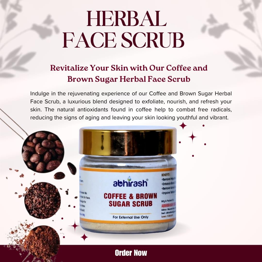ABHIRASH HERBS Coffee Brown Sugar Scrub - 50g Exfoliating Face & Body Scrub for Soft Skin - Natural Skincare for Dry Skin & Cellulite Reduction - Perfect for Spa Day & Self Care Routine