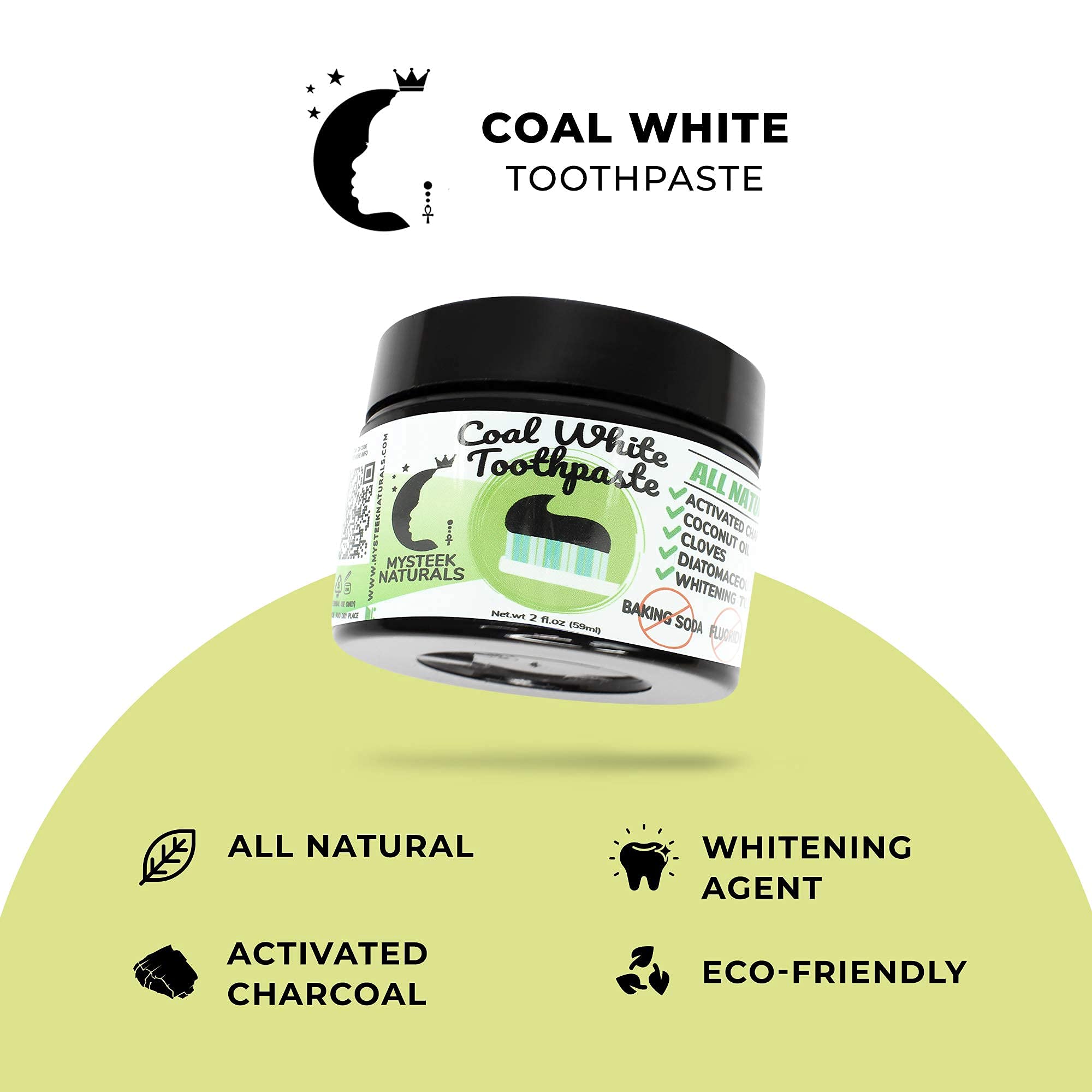 Natural Activated Charcoal Toothpaste for Teeth Whitening - Fluoride Free, Coal White Toothpaste for Oral Care (2 oz) by Mysteek Naturals | Freshens Breath & Removes Stains for a Brighter Smile