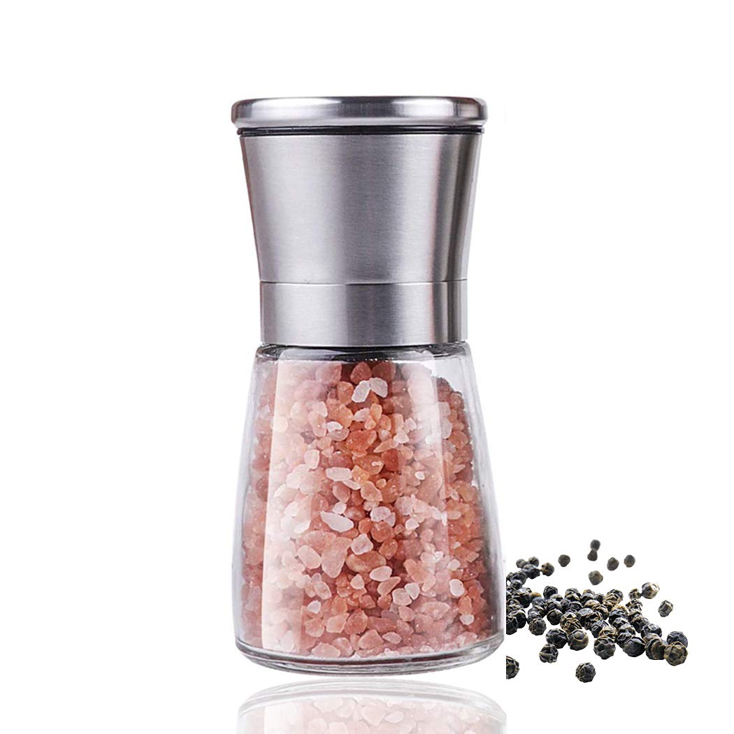 Premium Stainless Steel Manual Pepper Mill and Salt Grinder with Glass Body - 5 Inch Adjustable Coarseness for Freshly Ground Spices - Perfect for Home Kitchen, Valentine's Day Gift, and Gourmet Cooking