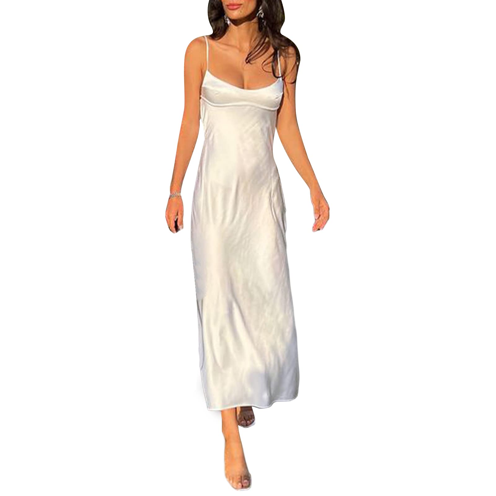 Elegant Women's Satin Silk Slip Maxi Dress - Sleeveless Criss Cross Backless Strappy Long Gown for Wedding Guest, Evening Party & Special Occasions | Perfect for Formal Events, Date Nights & Summer Vacations