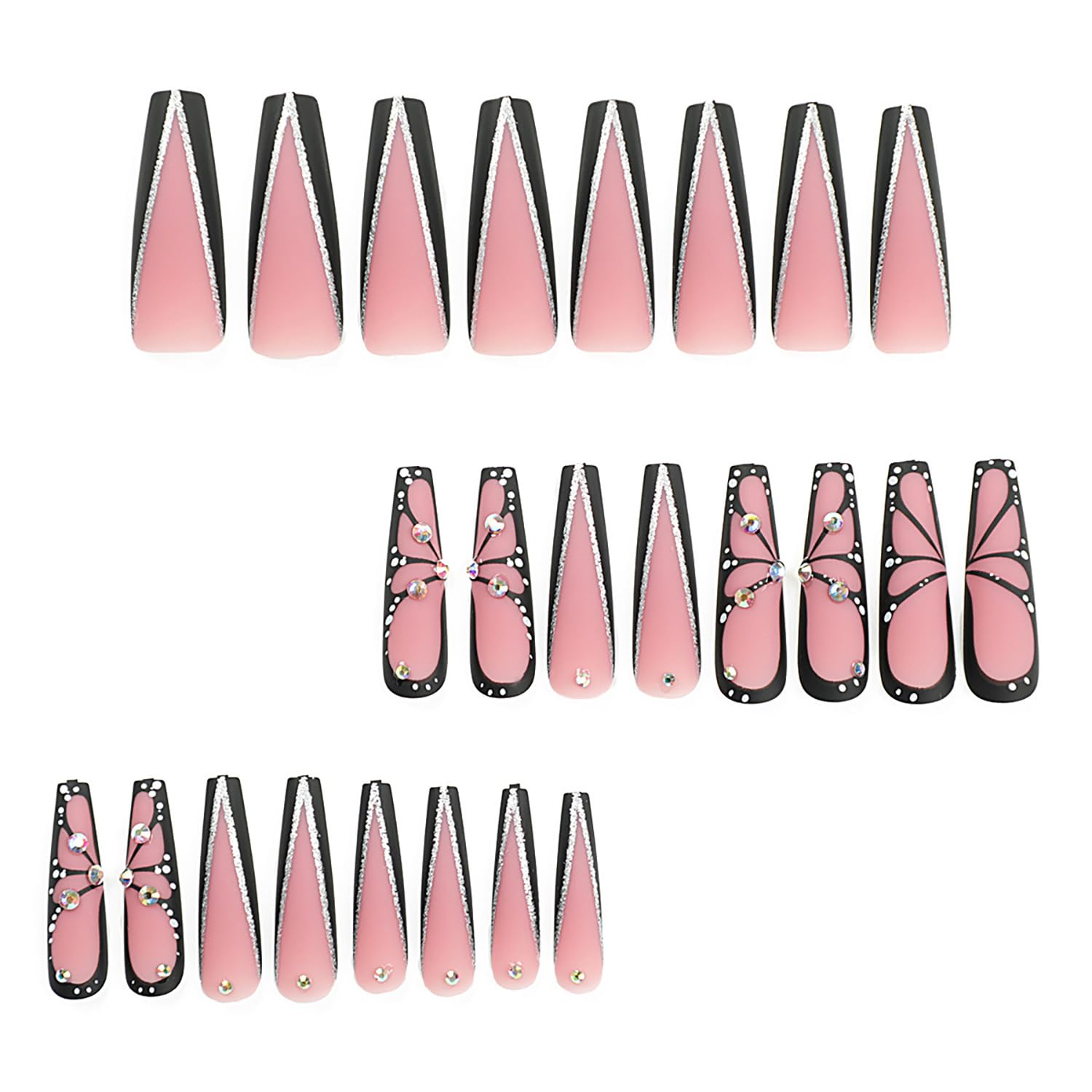 Long Coffin Press on Nails - Black Glossy Full Cover Acrylic False Nails with Rhinestone & Butterfly Designs - Extra Long Square Ballerina Fake Nails with Glue - Stick on Artificial Fingernails for Women - Perfect for Parties, Weddings & Special Occasions