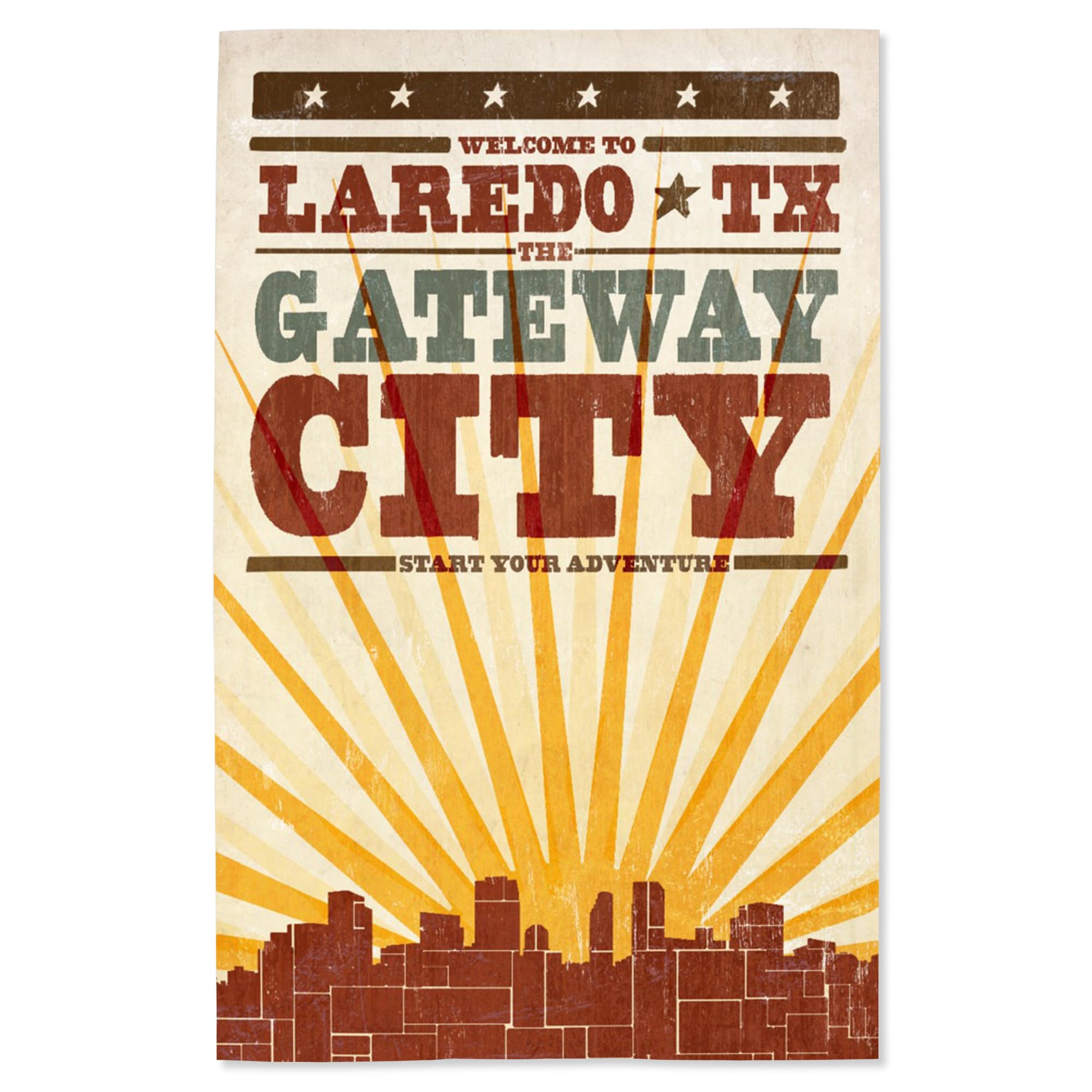Lantern Press 16x24 Inch Giclee Art Print - Laredo Texas Skyline & Sunburst Screenprint Style Wall Decor - Perfect for Living Room, Bedroom or Office