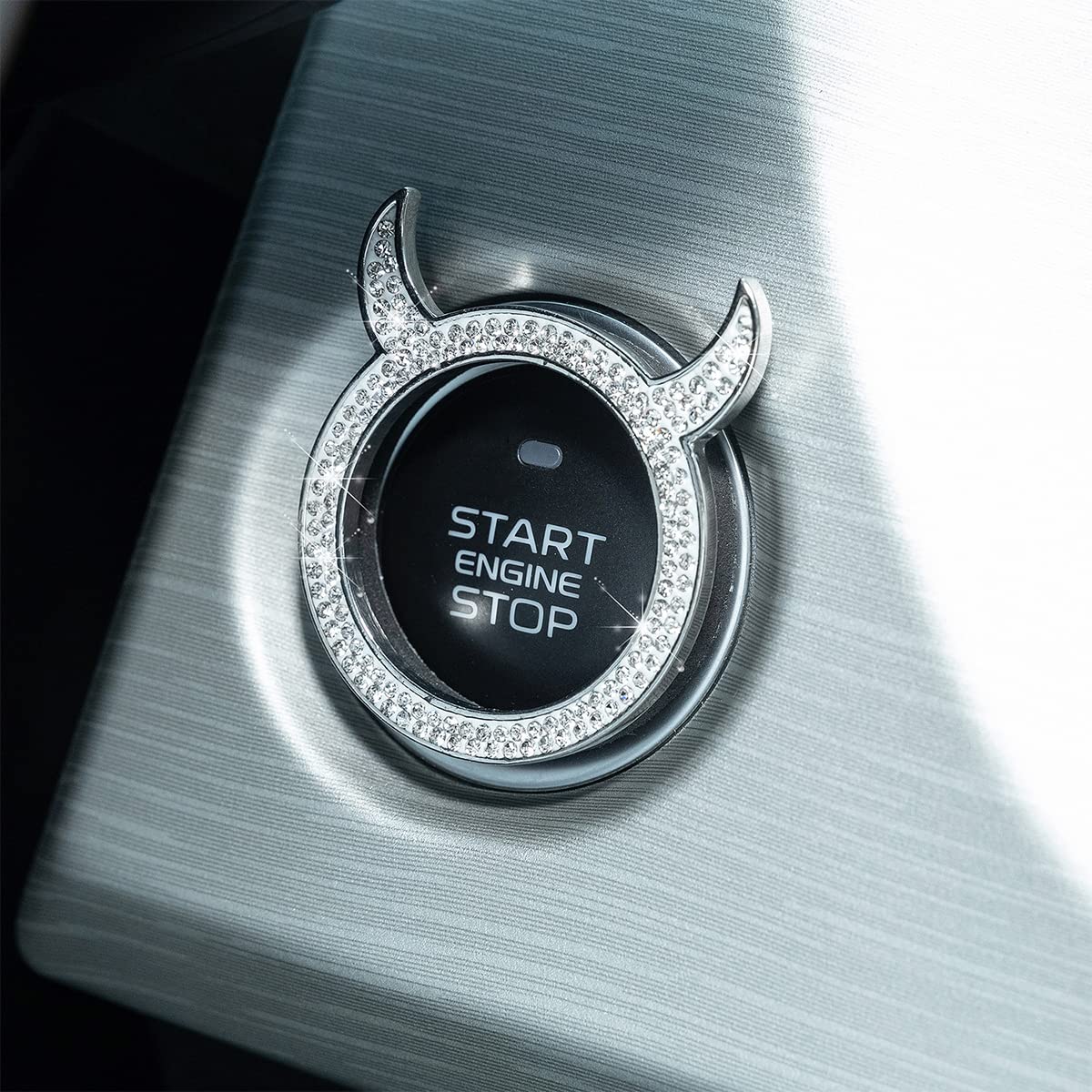 **Bling Crystal Car Engine Start Stop Button Cover - 2PCS Rhinestone Push Start Ring for Auto Interior Decor, Sparkly Little Devil Design (White) - Perfect for Car Accessories, Customization & Unique Vehicle Styling**