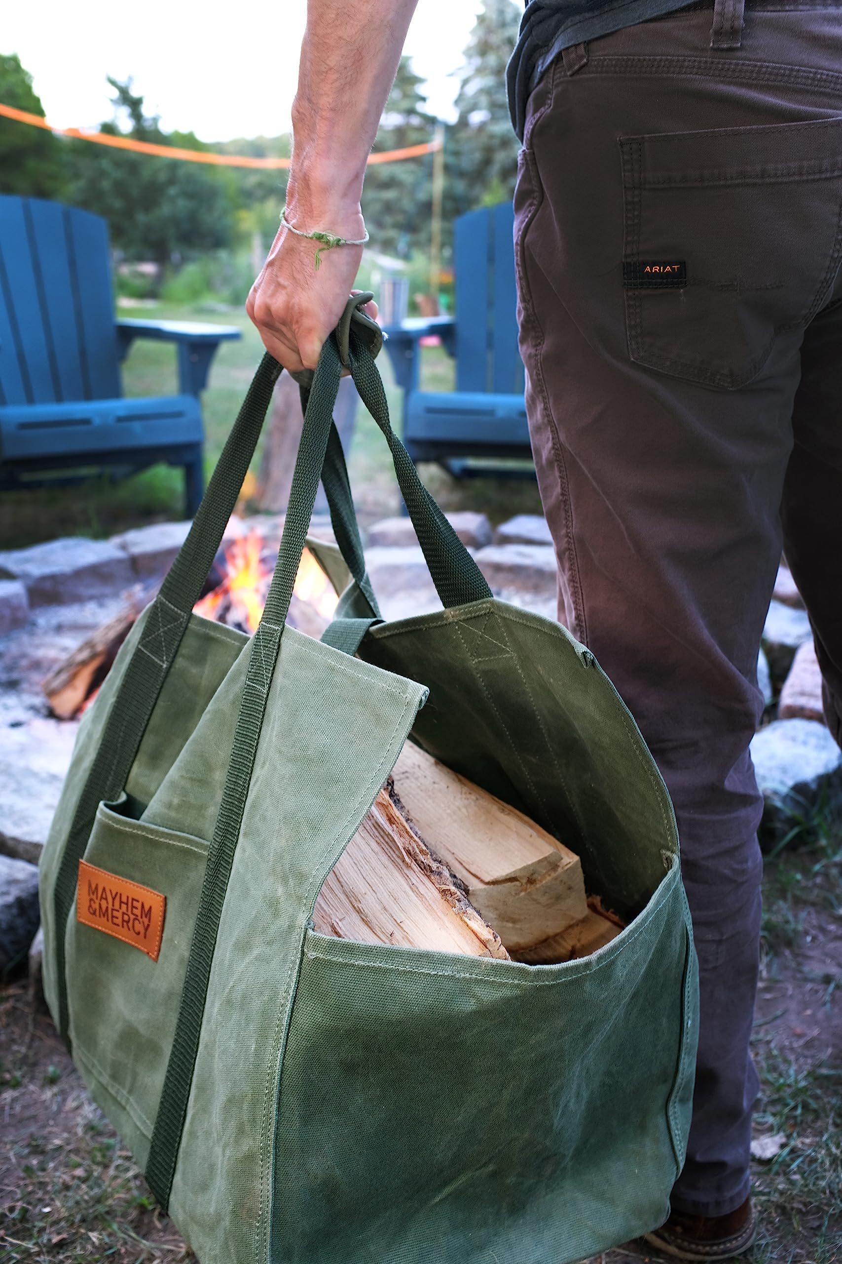 MAYHEM & MERCY Waxed Canvas Tote Bag - Durable Firewood Carrier for Camping & Fireplace - Hunter Green Wood Log Storage Bag - Perfect for Outdoor Adventures, Fireplace Use & Home Decor