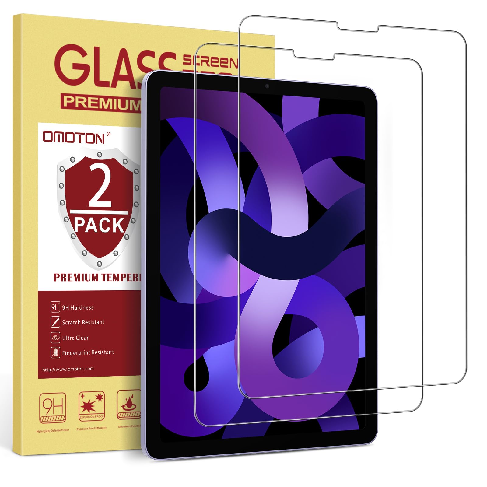 OMOTON Tempered Glass Screen Protector for iPad Air 5th/4th Gen (10.9 Inch 2022/2020) & iPad Pro 11 Inch (2022-2018) - 2 Pack, Anti-Scratch, Bubble-Free, Case Friendly, Apple Pencil Compatible - Perfect for Work, Study & Entertainment