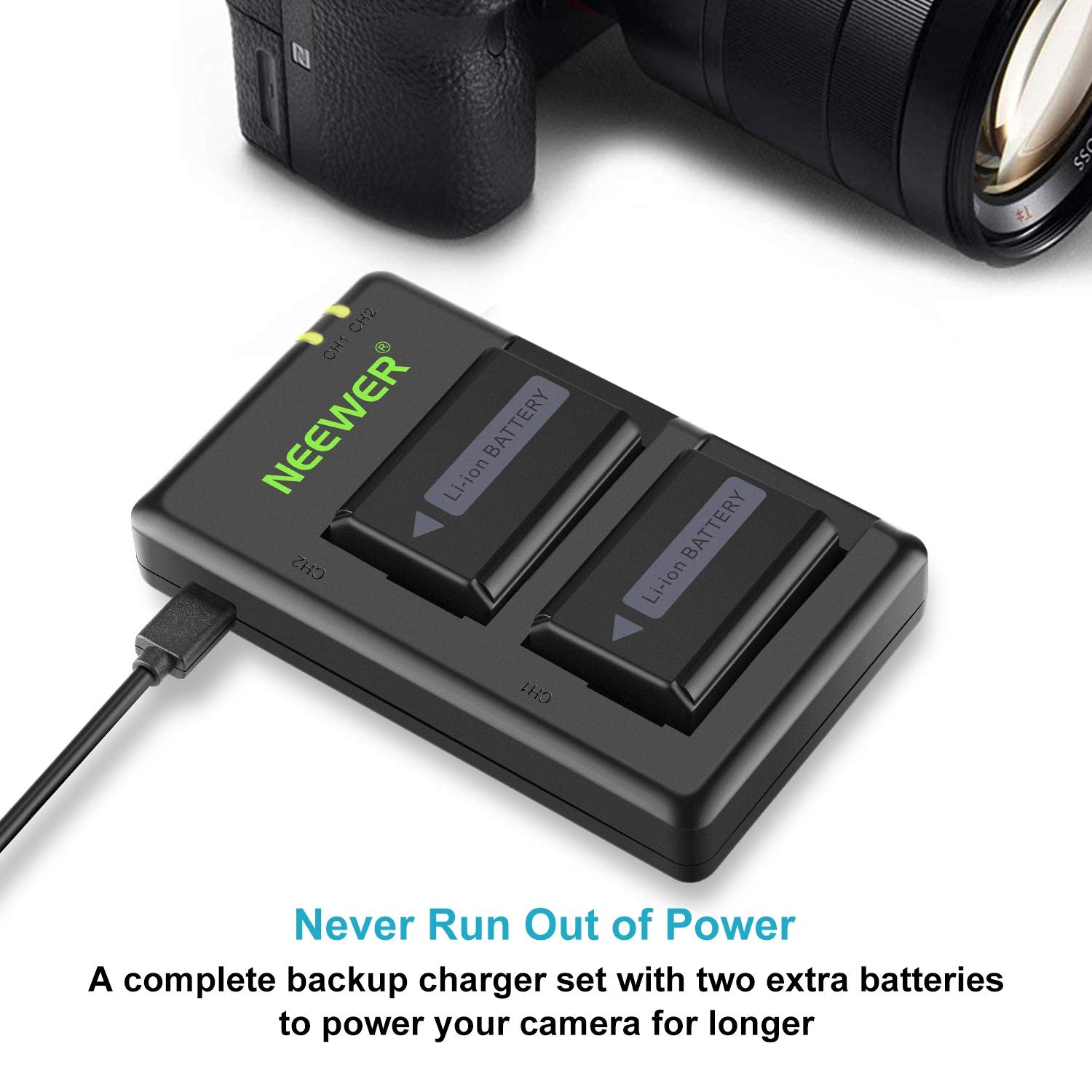 NEEWER NP-FW50 Camera Battery Charger Set for Sony A7, A7R, A7S, A5100, A6000 - Dual USB Charger with 2 Batteries - Perfect for Travel & Professional Photography