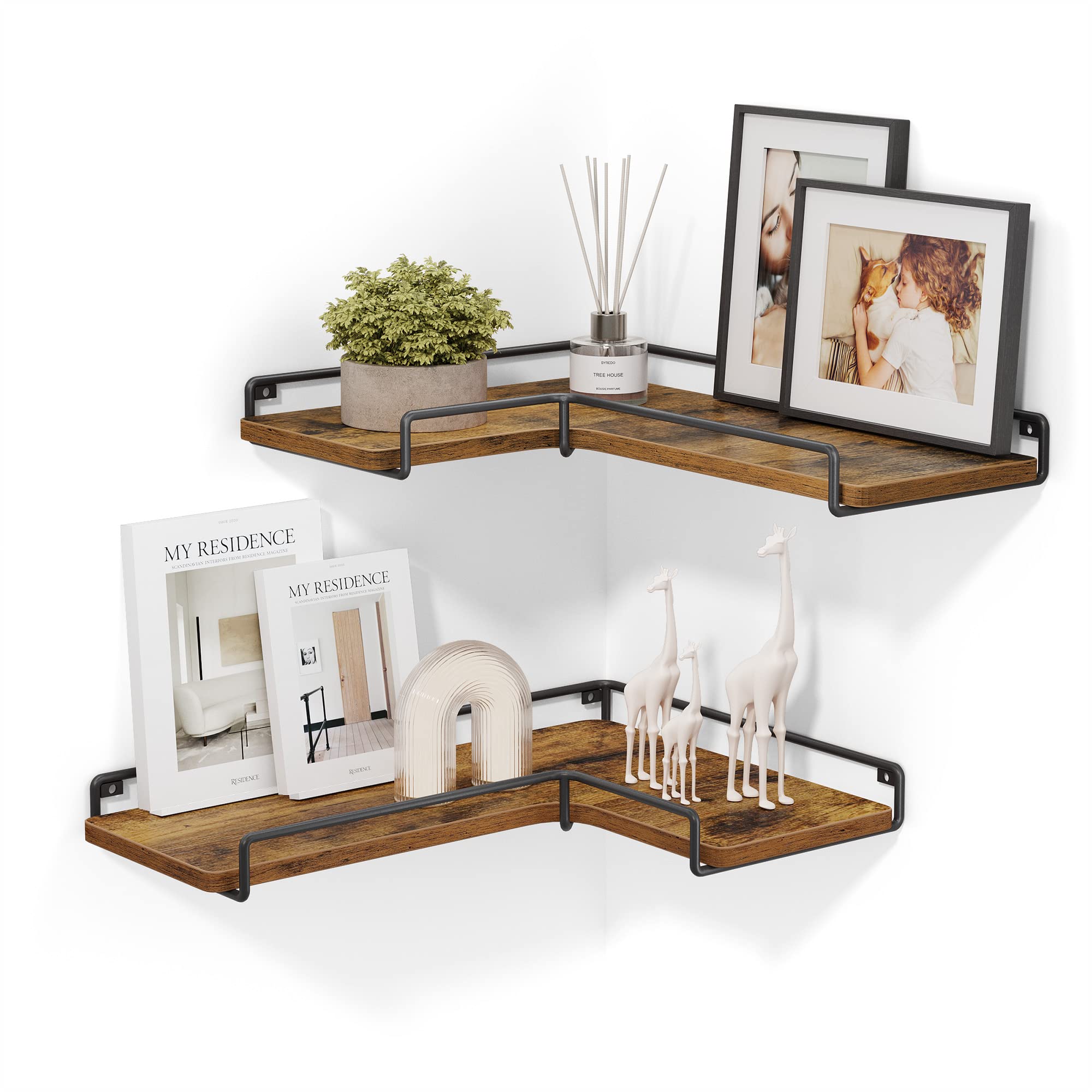 VASAGLE Set of 2 Corner Floating Shelves Wall Mounted - Rustic Brown & Black Wooden Storage Shelves for Living Room, Bedroom, Kitchen, Bathroom Decor | Perfect for Small Spaces, Displaying Photos, Plants & Home Organization ULLS831B01
