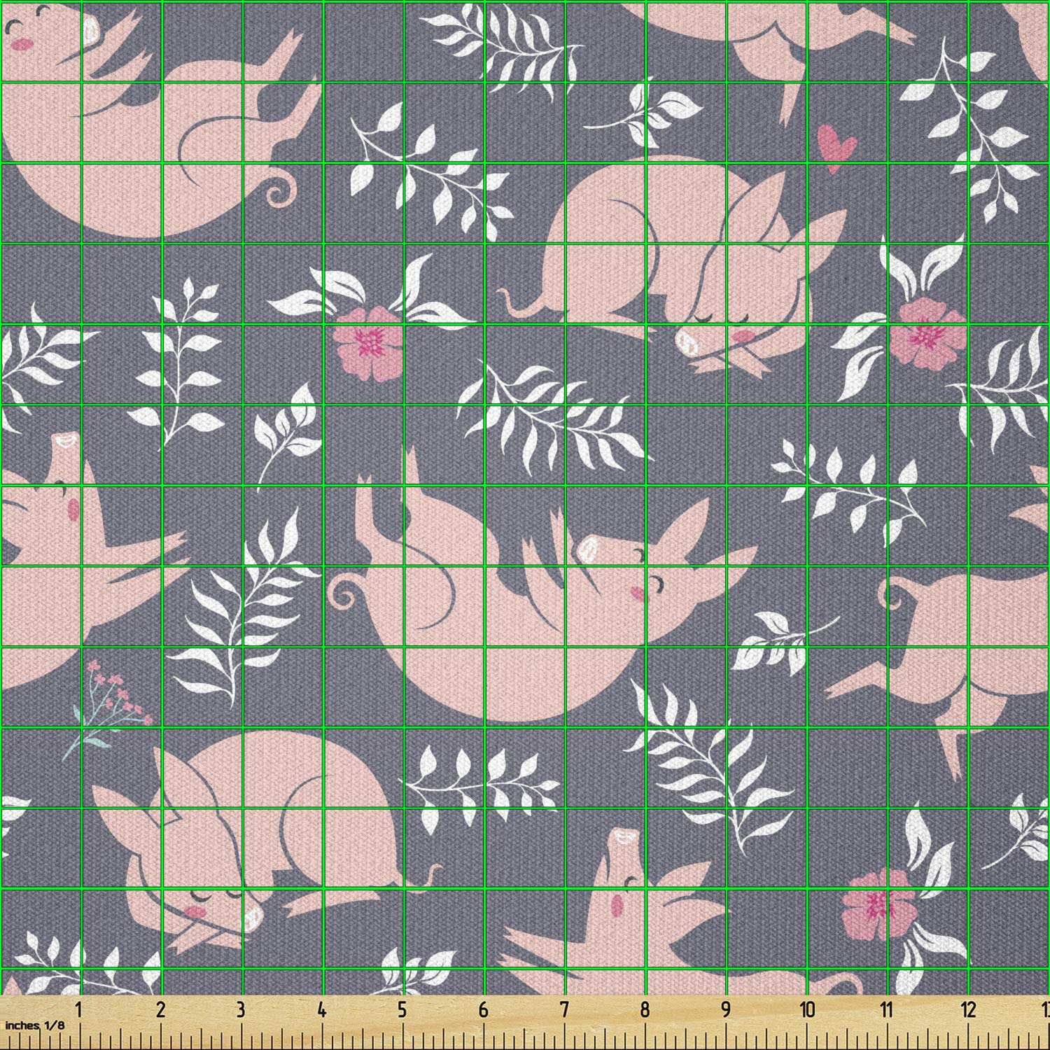 Lunarable Stretch Knit Fabric by The Yard - Cute Pig Animals Sleeping & Playing in Leaves & Blossoms Print | Coral Grey | 10 Yards for DIY Clothing, Sewing & Arts Crafts | Perfect for Kids Apparel, Home Decor & Quilting Projects