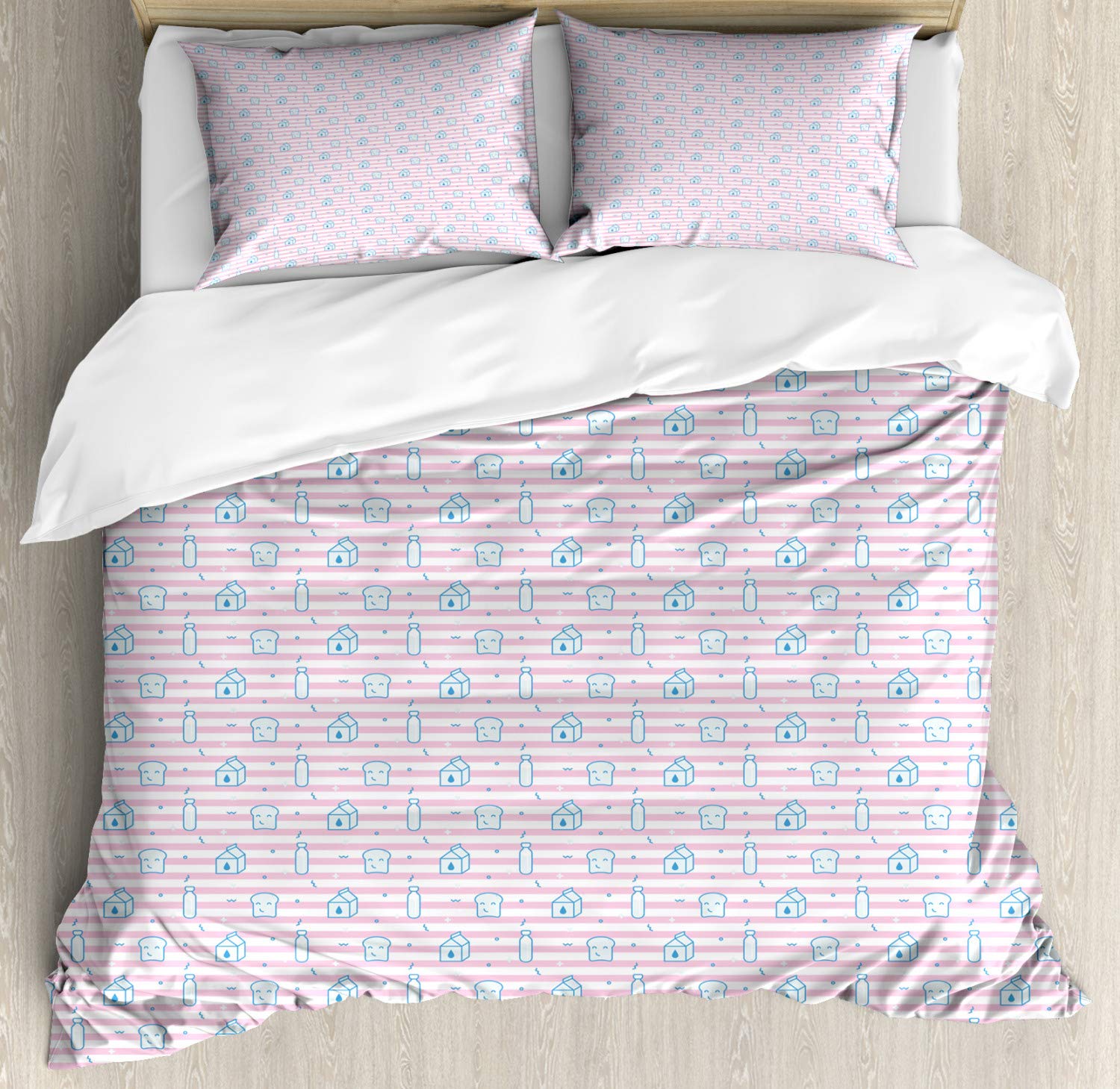Ambesonne Breakfast Duvet Cover Set - Milk Bottle & Smiling Toast Stripes Pattern, 3 Piece King Size Bedding Set with 2 Pillow Shams in Sea Blue & Pale Blue | Cozy Breakfast-Themed Bedroom Decor for Kids & Adults
