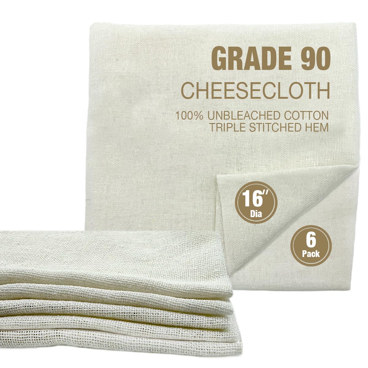 Premium 16-Inch Round Reusable Cheesecloth - 6 Pack, 100% Unbleached Cotton, Grade 90 Triple-Stitched Hem for Straining, Cooking & Steaming | Traditional Thai Sticky Rice, Yogurt, Nut Milk & DIY Crafts | Chef Quality, Durable & Eco-Friendly