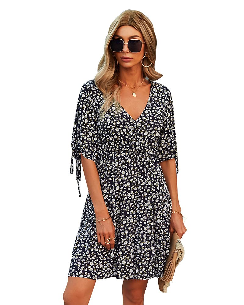 JSmiten Women's Floral Print Mini Dress - Short Sleeve Casual Summer Dress for Beach, Party & Date Night | Lightweight Comfortable A-Line Sundress