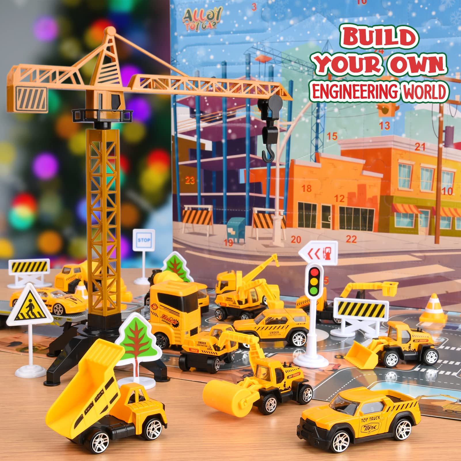 Alloy Construction Engineering Vehicle Toy Set with 2 Play Mats - Christmas Advent Calendar for Boys Ages 3-8 | Perfect Stocking Stuffer & Countdown Gift for Toddlers & Kids (Yellow) | Great for Holiday Playtime & STEM Learning Activities