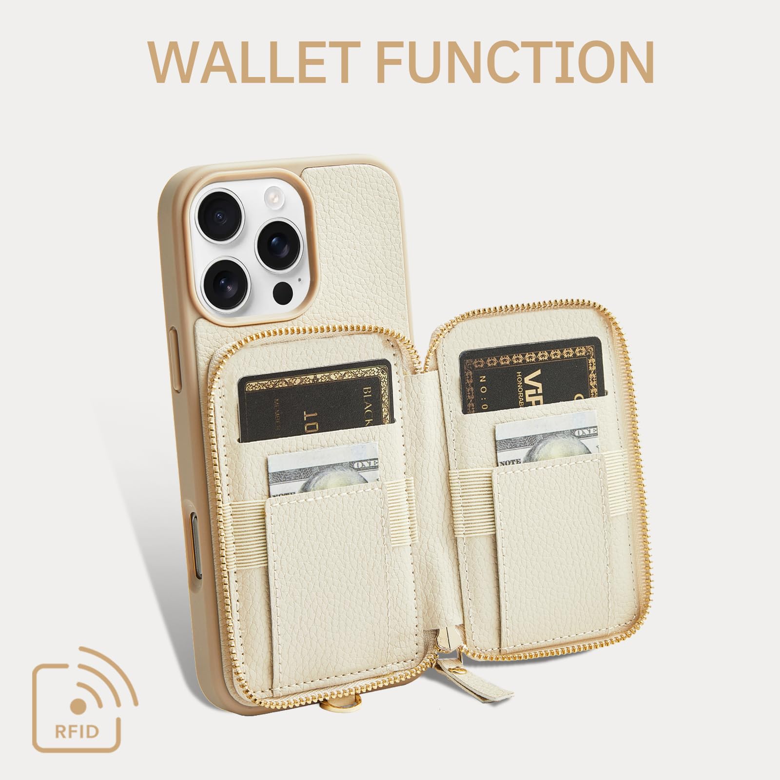 ZVE iPhone 16 Pro Case Wallet with Zipper & RFID Blocking - Leather Card Holder with Detachable Wrist Strap for Women | Compatible with 6.3