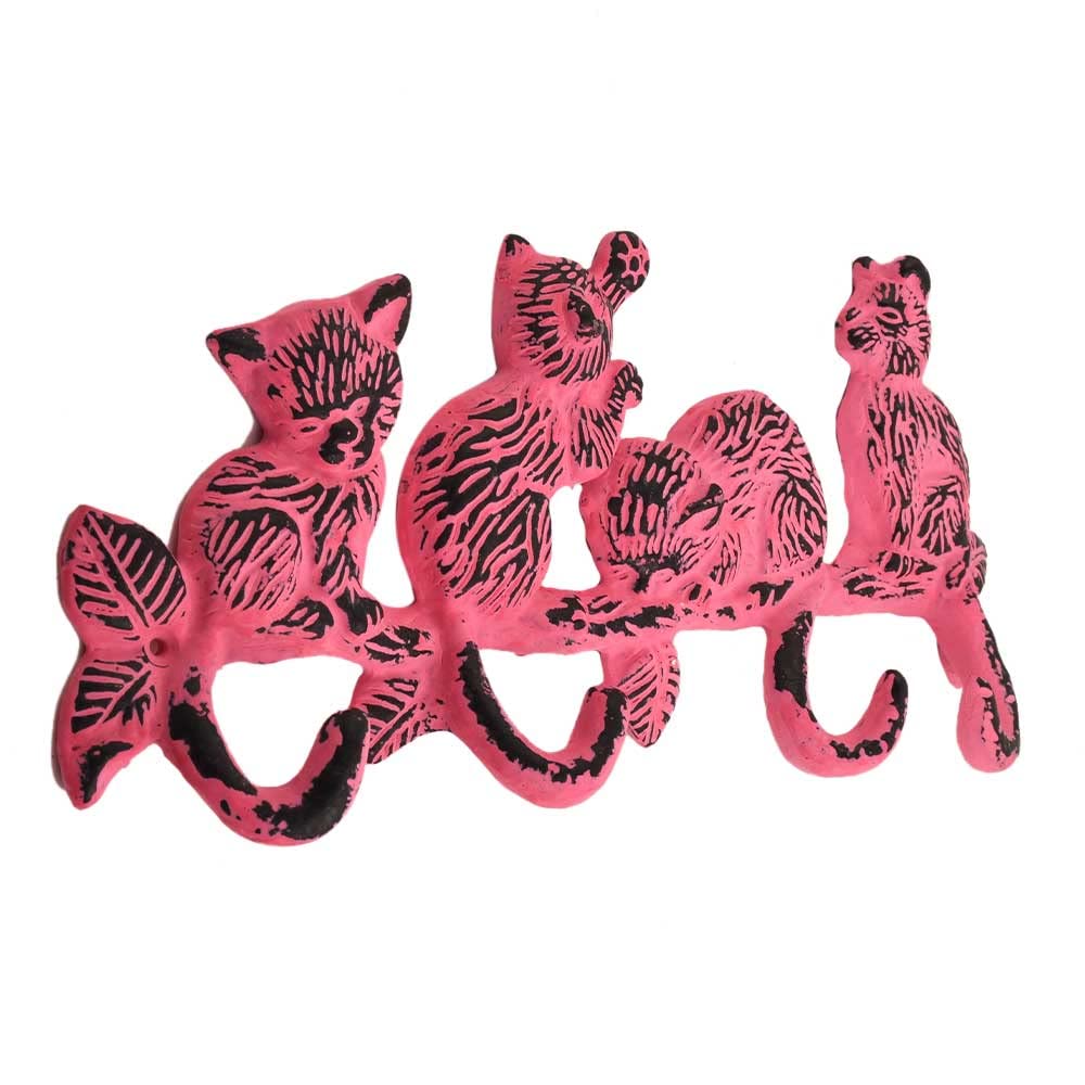 Vintage Iron Wall Hooks Set of 4 - Pink Decorative Coat Rack for Kids Room, Unique Wall Mounted Key Holder & Hanger - Perfect for Organizing Jackets, Hats, Bags in Bedroom, Entryway or Nursery Decor