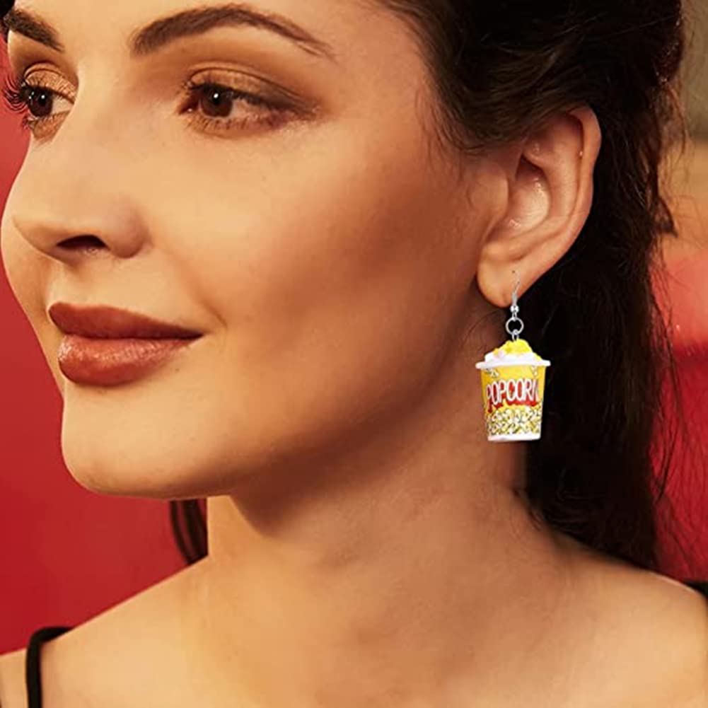 2 Pairs Funny Resin Food Earrings - Cartoon Popcorn & Kawaii Chocolate Drop Dangle Earrings for Women | Unique Gift for Food Lovers, Costume Parties & Casual Wear