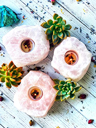 Rose Quartz Candle Holder with Free Tealight - Air Plant & Succulent Planter - Boho Wedding Decor for Home, Office & Meditation Spaces - Natural Stone Tealight Holder for Relaxation & Aromatherapy