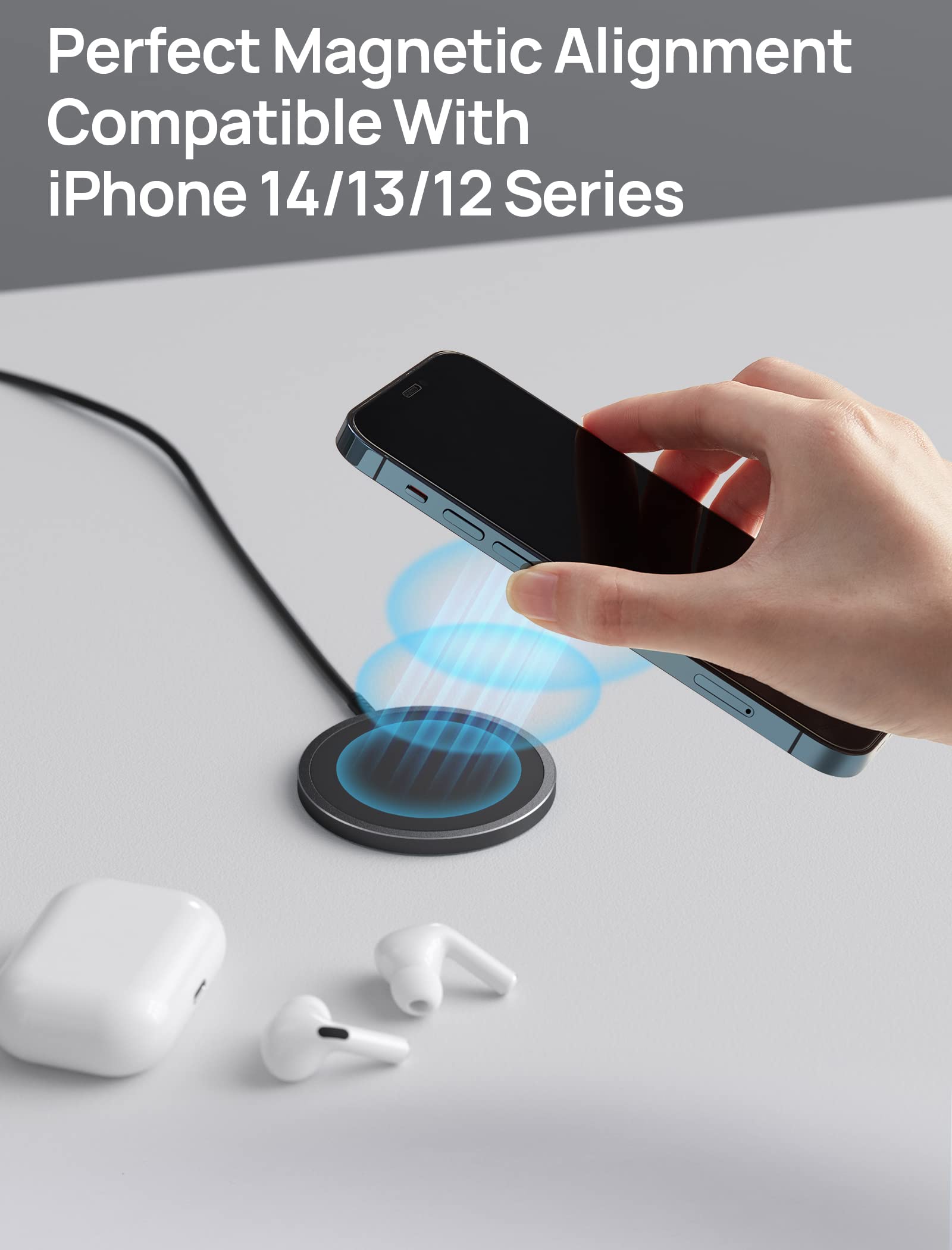 JSAUX Magnetic Wireless Charger for iPhone 14/13/12 Series - Fast 15W Qi-Certified MagSafe-Compatible Charging Pad - Perfect for Home, Office & Car Use (Black)