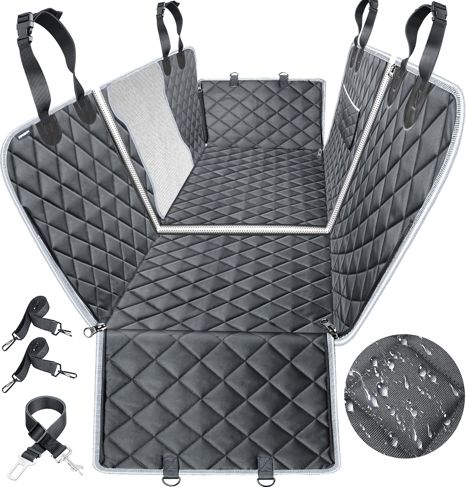 URPOWER 6-in-1 Waterproof Dog Car Seat Cover for Back Seat - 40/60 Split Pet Hammock with Mesh Window & Side Flaps - Universal Fit for Cars, SUVs & Trucks - Perfect for Road Trips, Daily Commutes & Pet Travel Protection