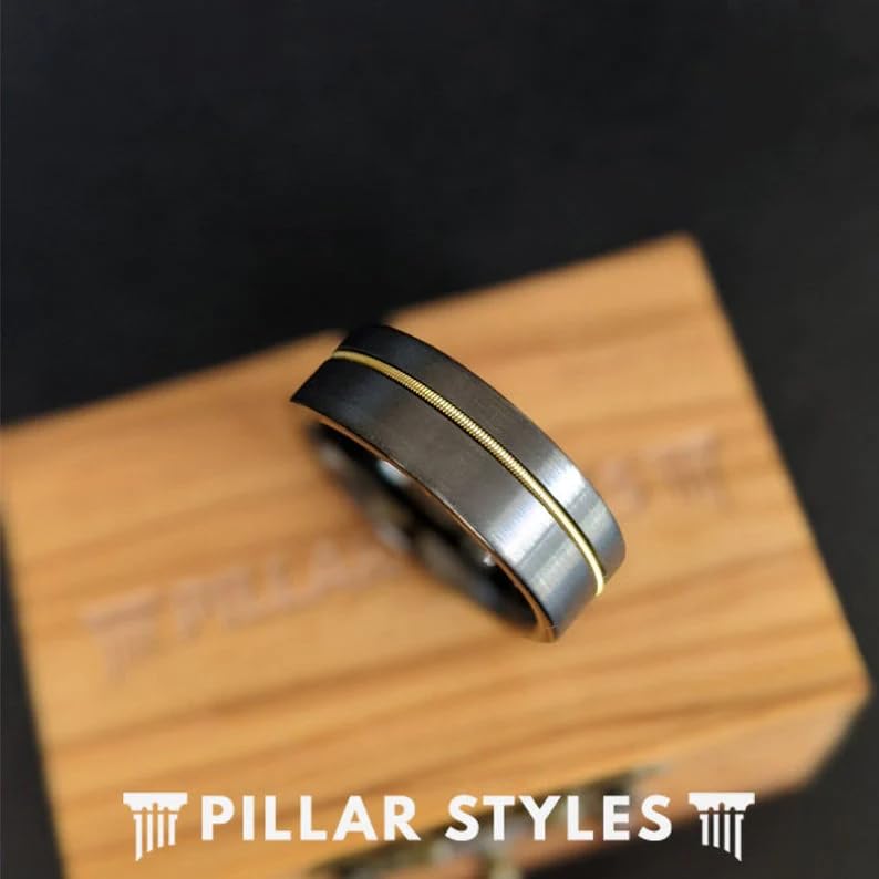Men's Gunmetal Gray Tungsten Wedding Band with Guitar String Inlay - 8mm Comfort Fit Ring for Guitarists & Musicians | Unique Gift for Him, Anniversary, Engagement, Rock Music Lovers