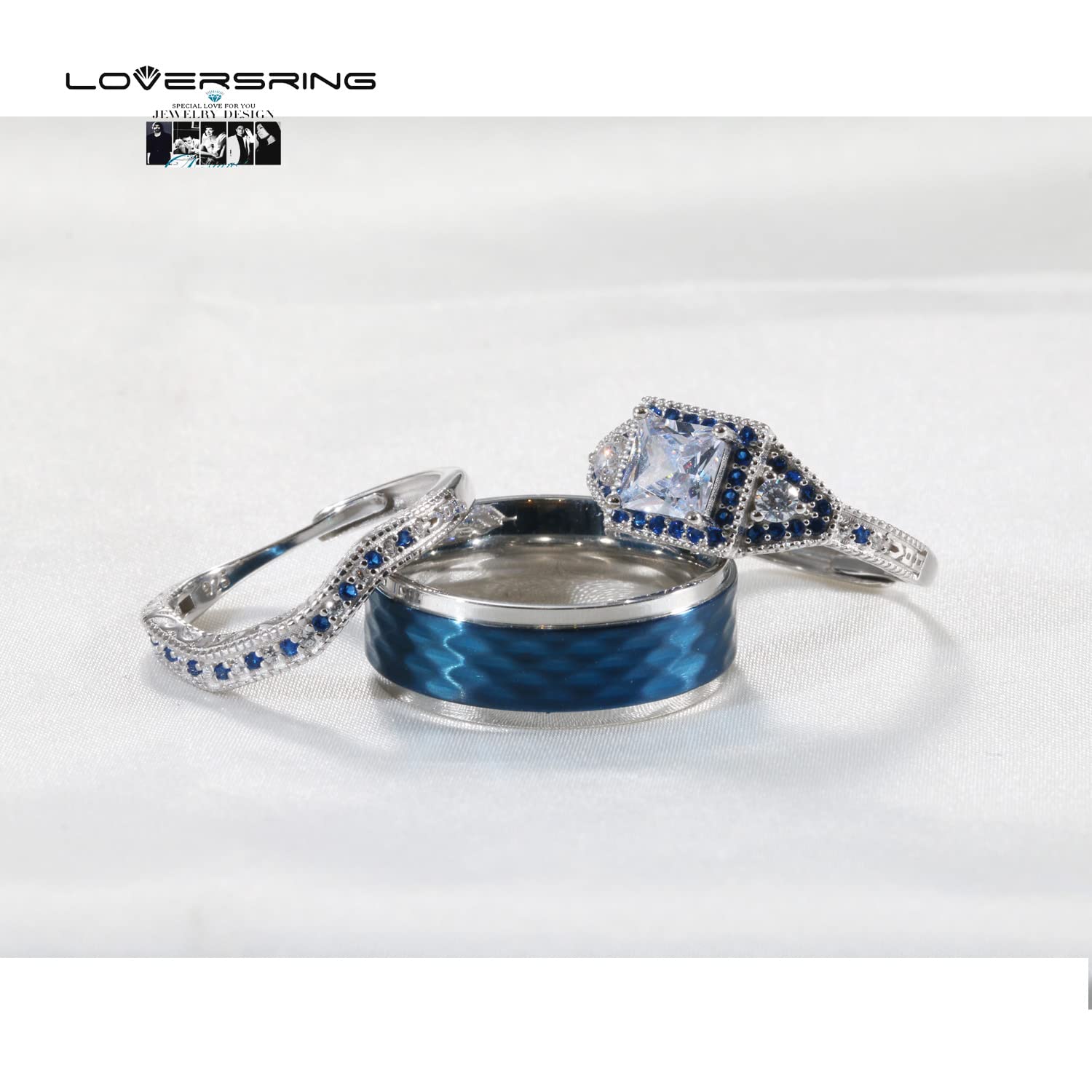 Adjustable Wedding Ring Sets for Couples - His & Hers Matching Promise Rings in 925 Sterling Silver & Titanium, Square CZ Bridal Bands - Perfect for Engagements, Anniversaries & Romantic Gifts