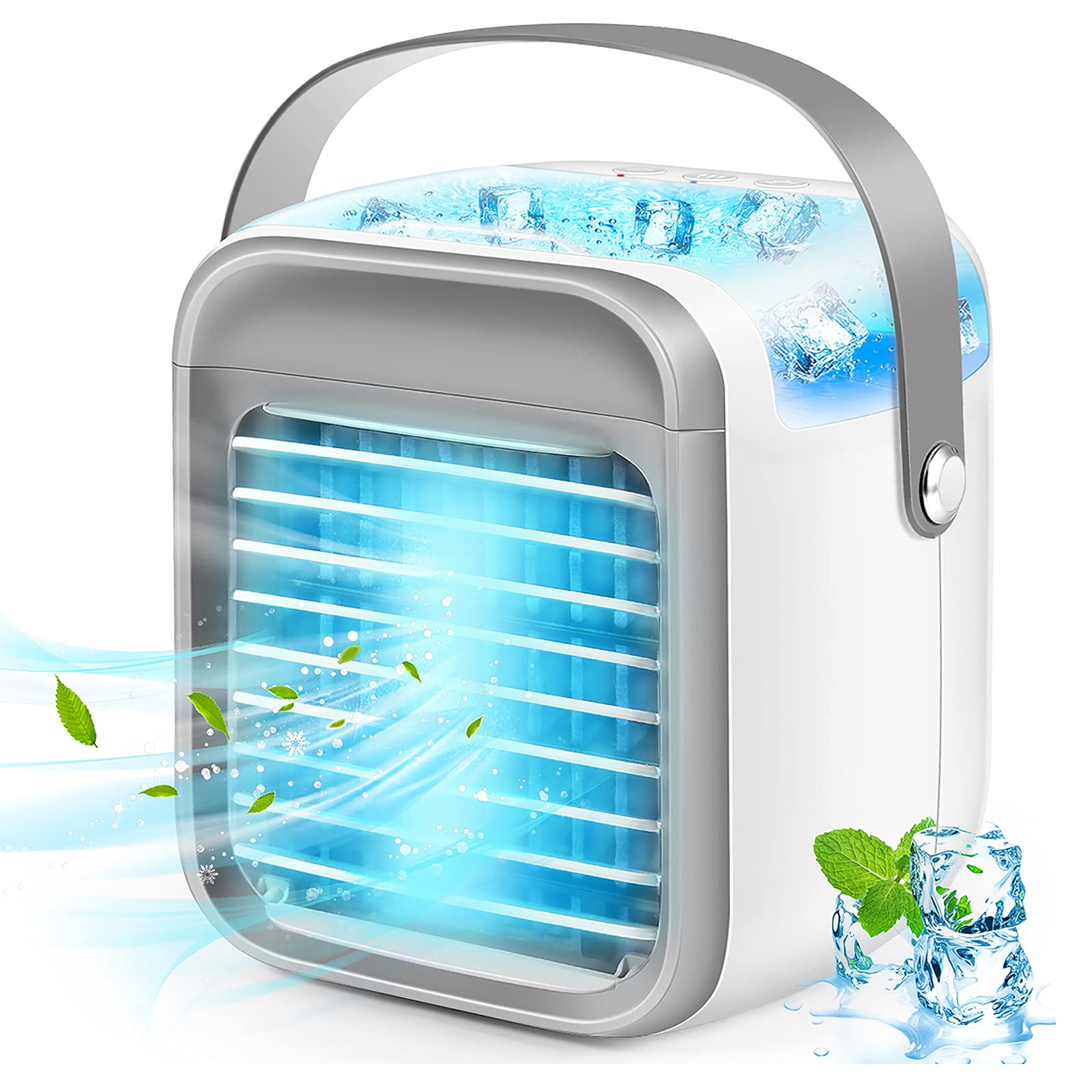 Portable Rechargeable Evaporative Air Cooler Fan - 3 Speed Settings, 7 Color LED Lights, Cordless Personal Air Conditioner with Handle for Home, Office, Bedroom (Gray) - Perfect for Summer Cooling, Indoor Use & Small Spaces