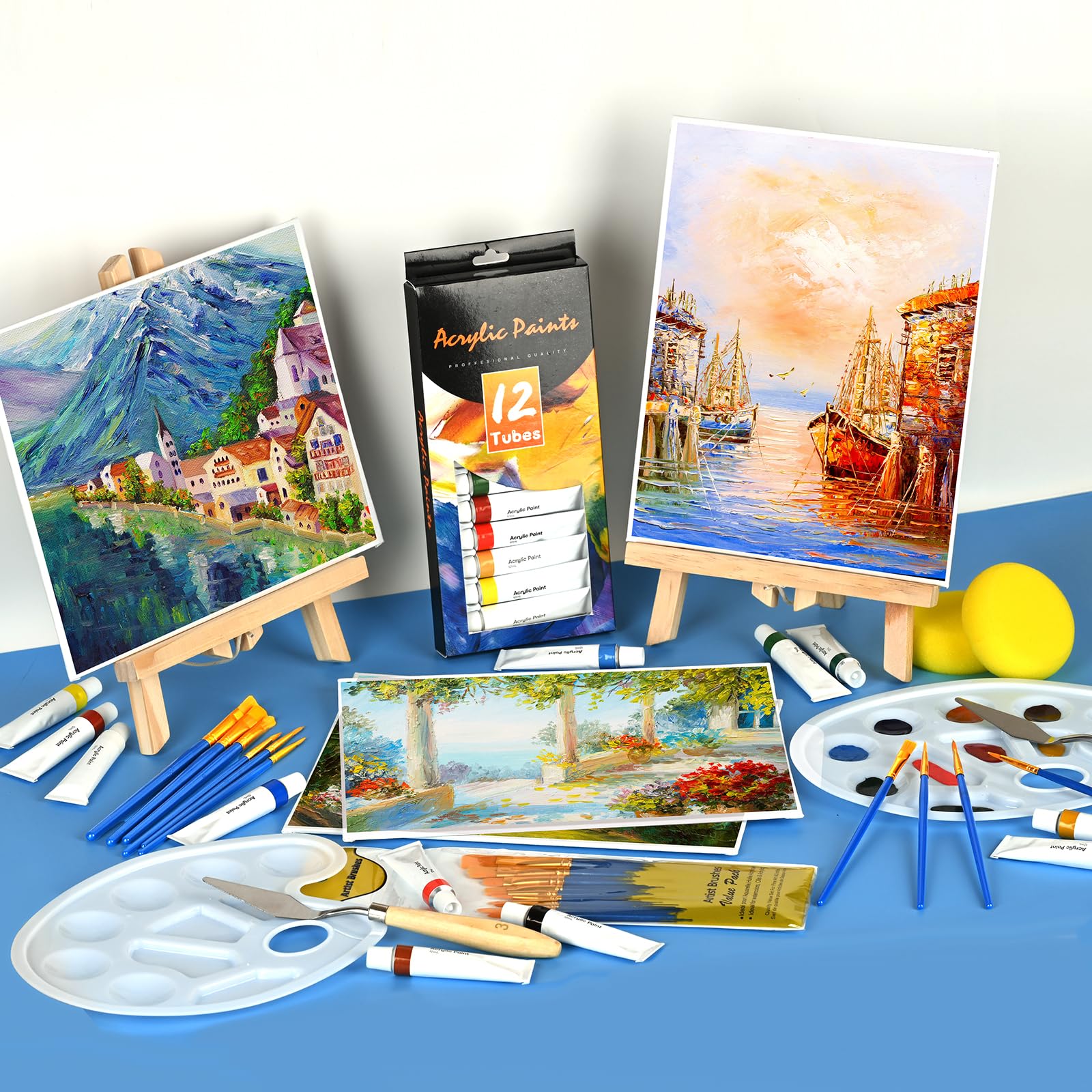 56-Piece Acrylic Painting Kit for Adults & Kids - Complete Sip and Paint Set with 2 Easels, 24 Paints, 20 Brushes, Palette - Perfect for Couples Date Night, Student Art Projects & Beginner Artists | DIY Home Decor & Creative Gift Idea