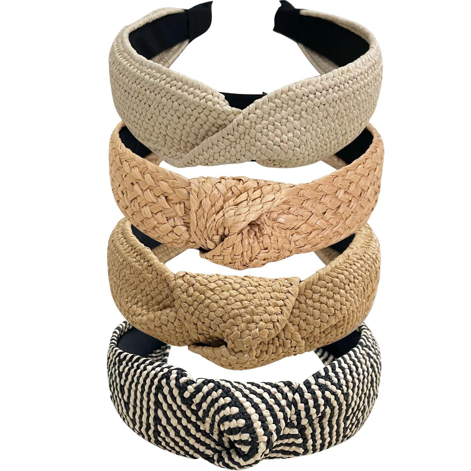 4PC Handmade Raffia Headbands for Women - Boho Straw Headbands, Knotted Top Knot Headbands, No Slip Rattan Woven Hair Accessories for Summer, Beach, Wedding & Vacation