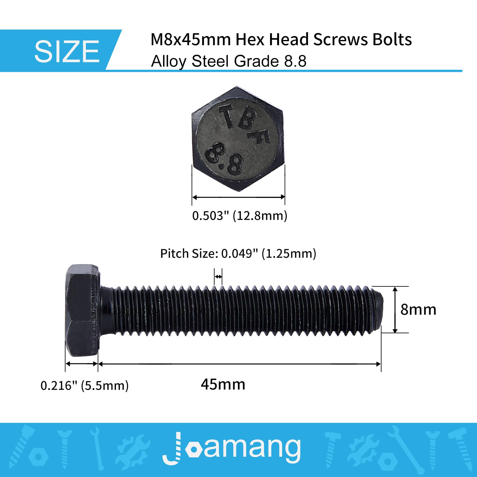 M8x45mm Hex Bolts 10Pcs - 8.8 Grade Alloy Steel for Machinery & Construction
