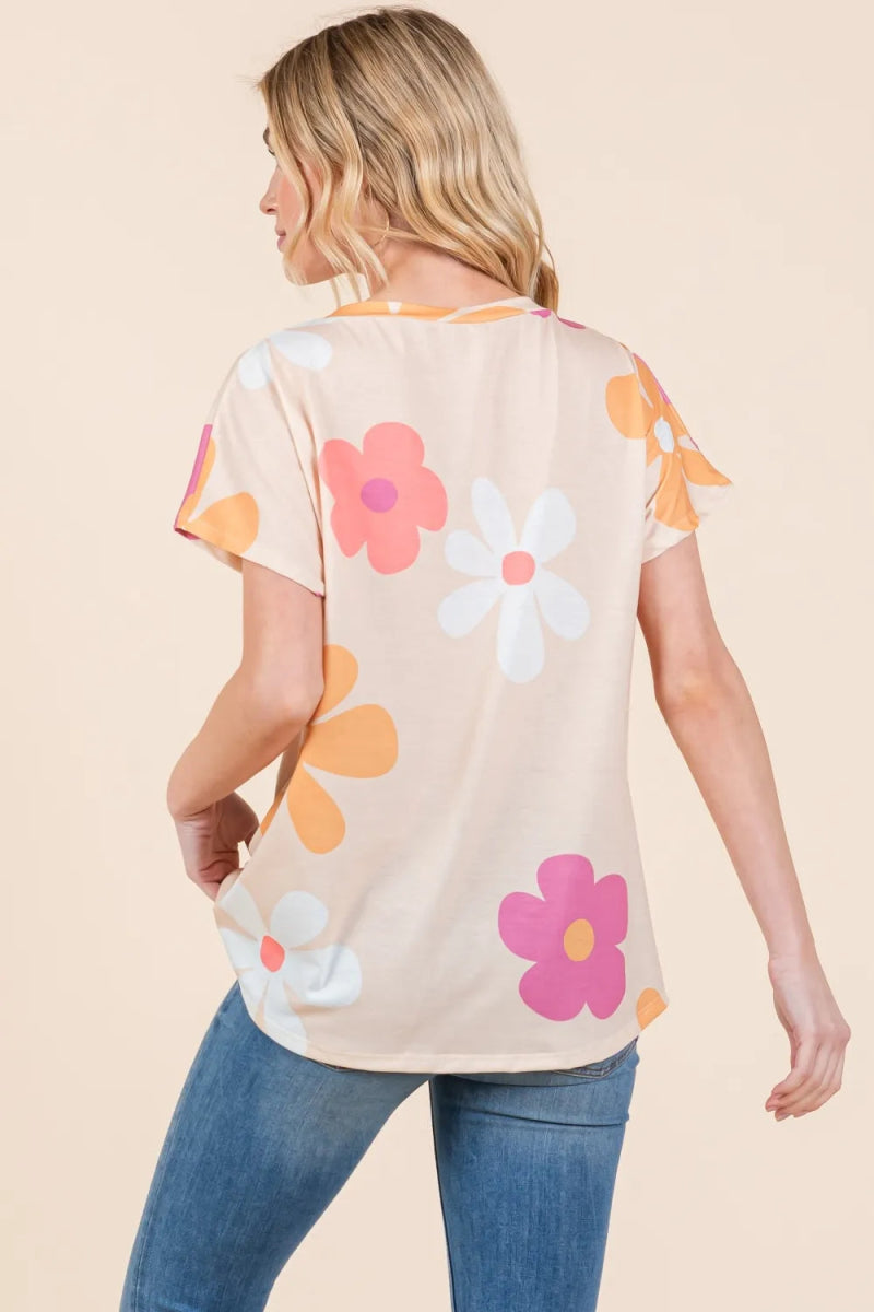 BOMBOM Floral Print Short Sleeve T-Shirt for Women - Casual Summer Fashion Top - Perfect for Beach Outings, Picnics & Weekend Wear