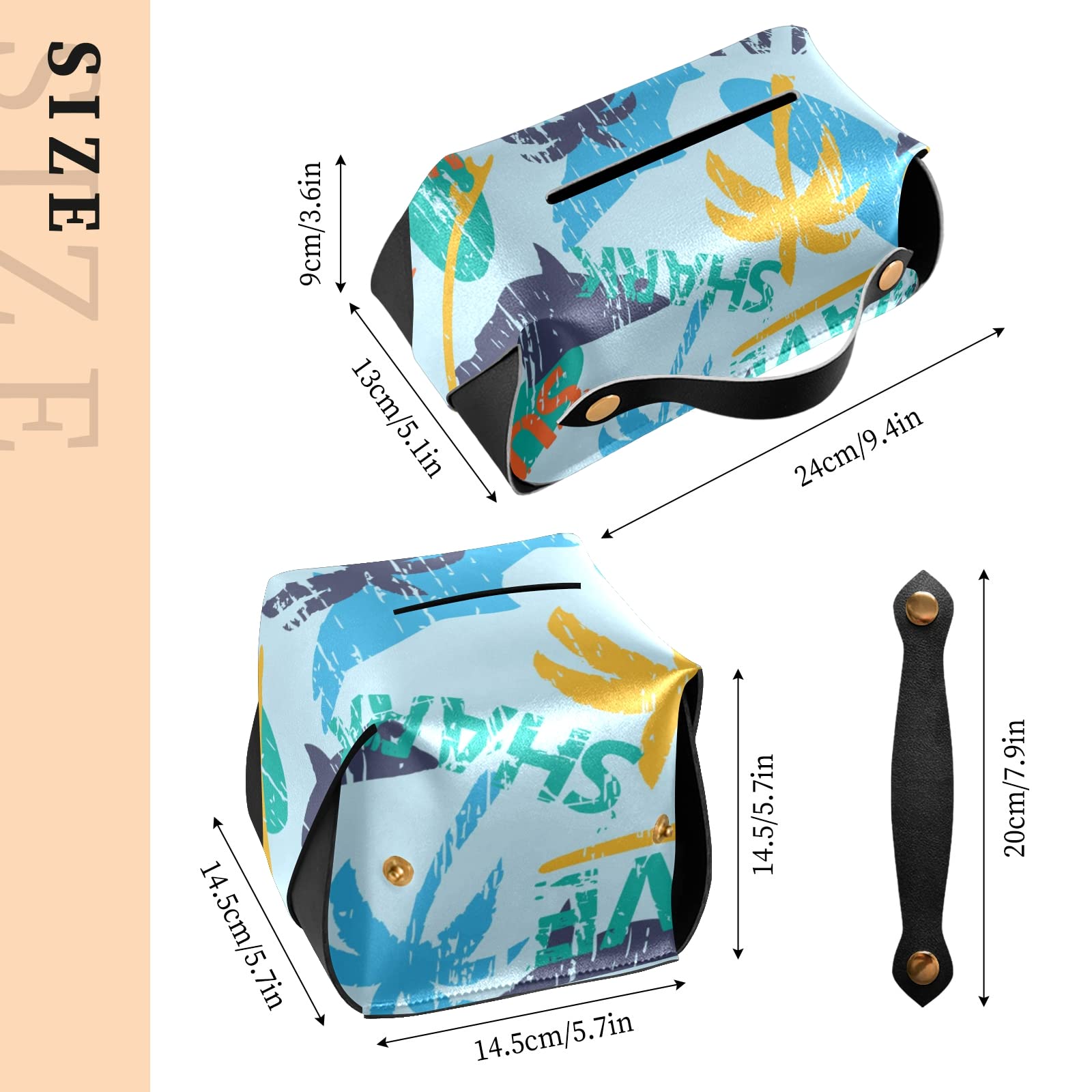 Premium Leather Tissue Box Cover with Handle - Seamless Bright Surfboards, Shark & Palm Trees Design - 5.7x5.7x5.7 Inches - Perfect for Bathroom, Home Nightstand, Vanity Countertop, Office Desk & Car Decor